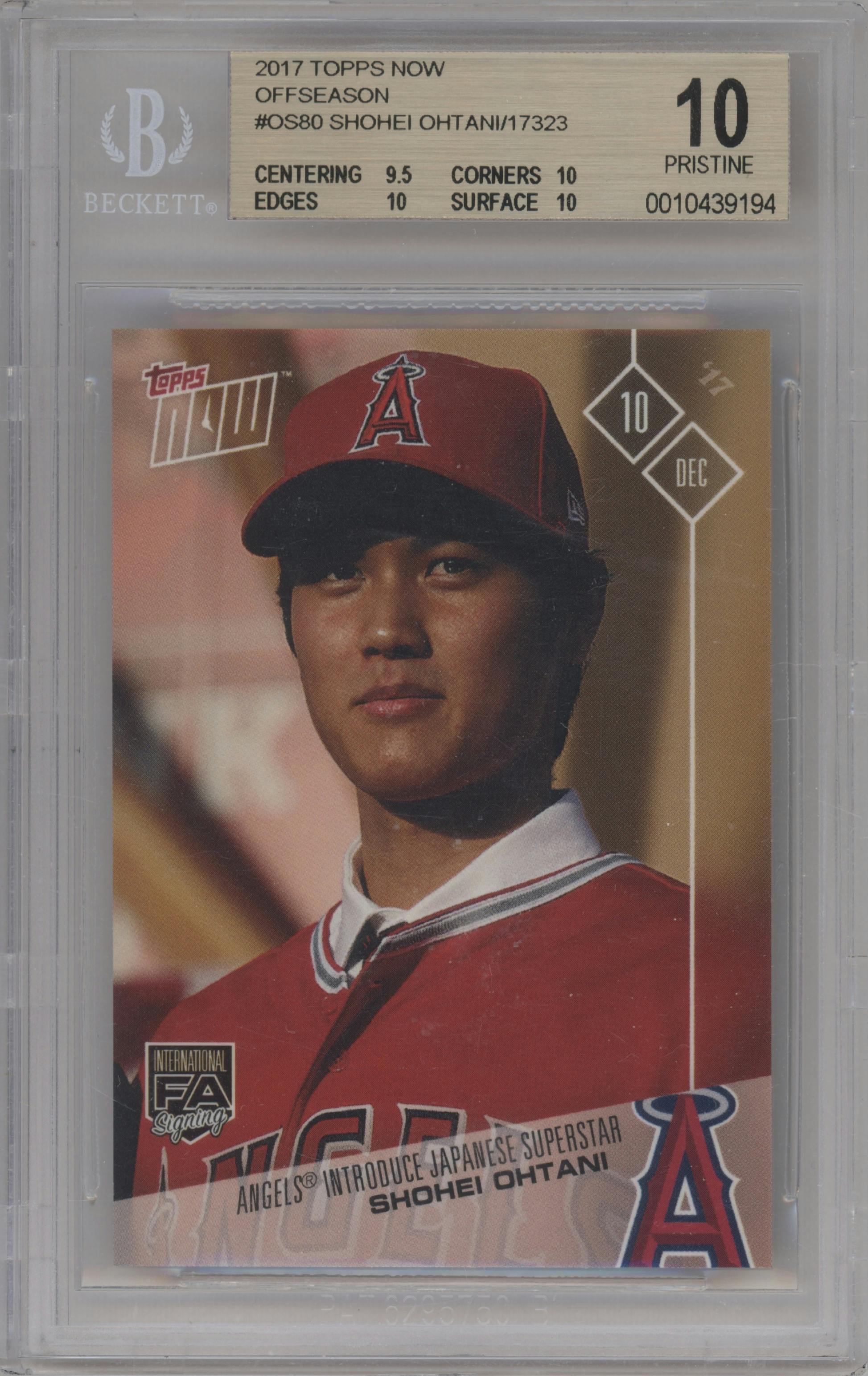 Shohei Ohtani from the 2017 Topps Now set graded by Beckett and given an overall grade of 10.