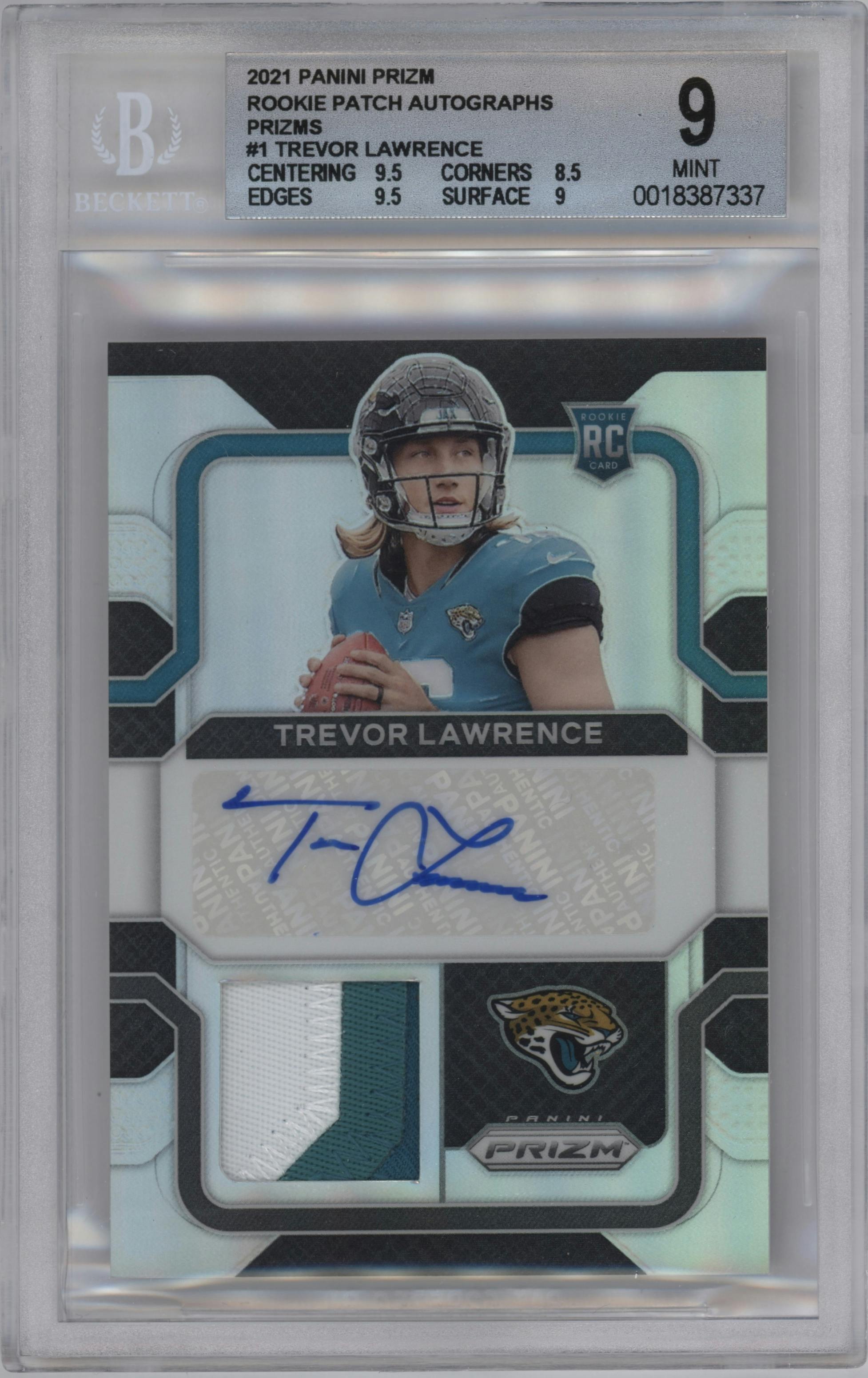 Trevor Lawrence from the 2021 Panini Prizm set graded by Beckett and given an overall grade of 9.