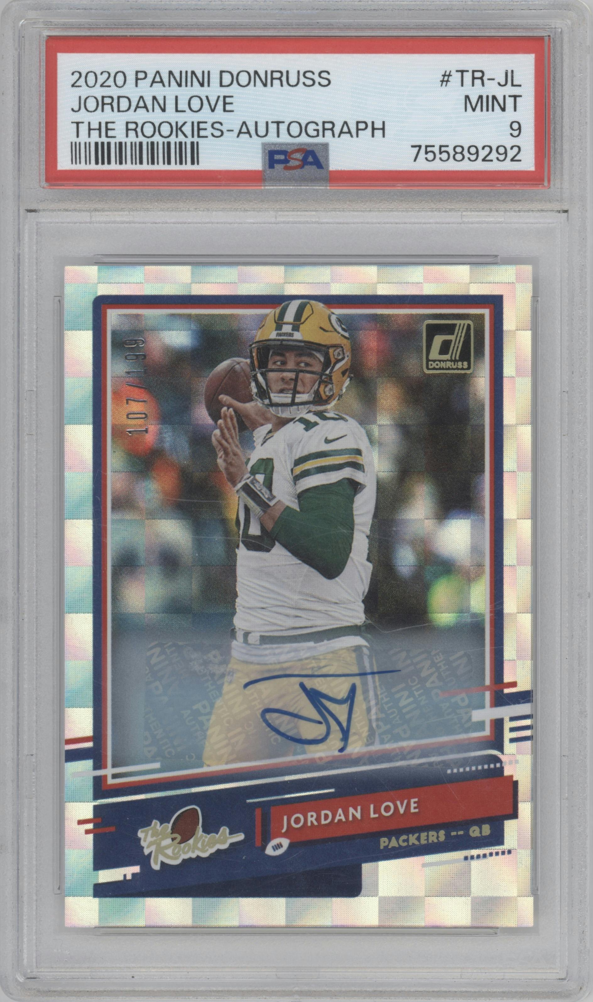 Jordan Love from the 2020 Panini Donruss set graded by PSA and given an overall grade of 9.