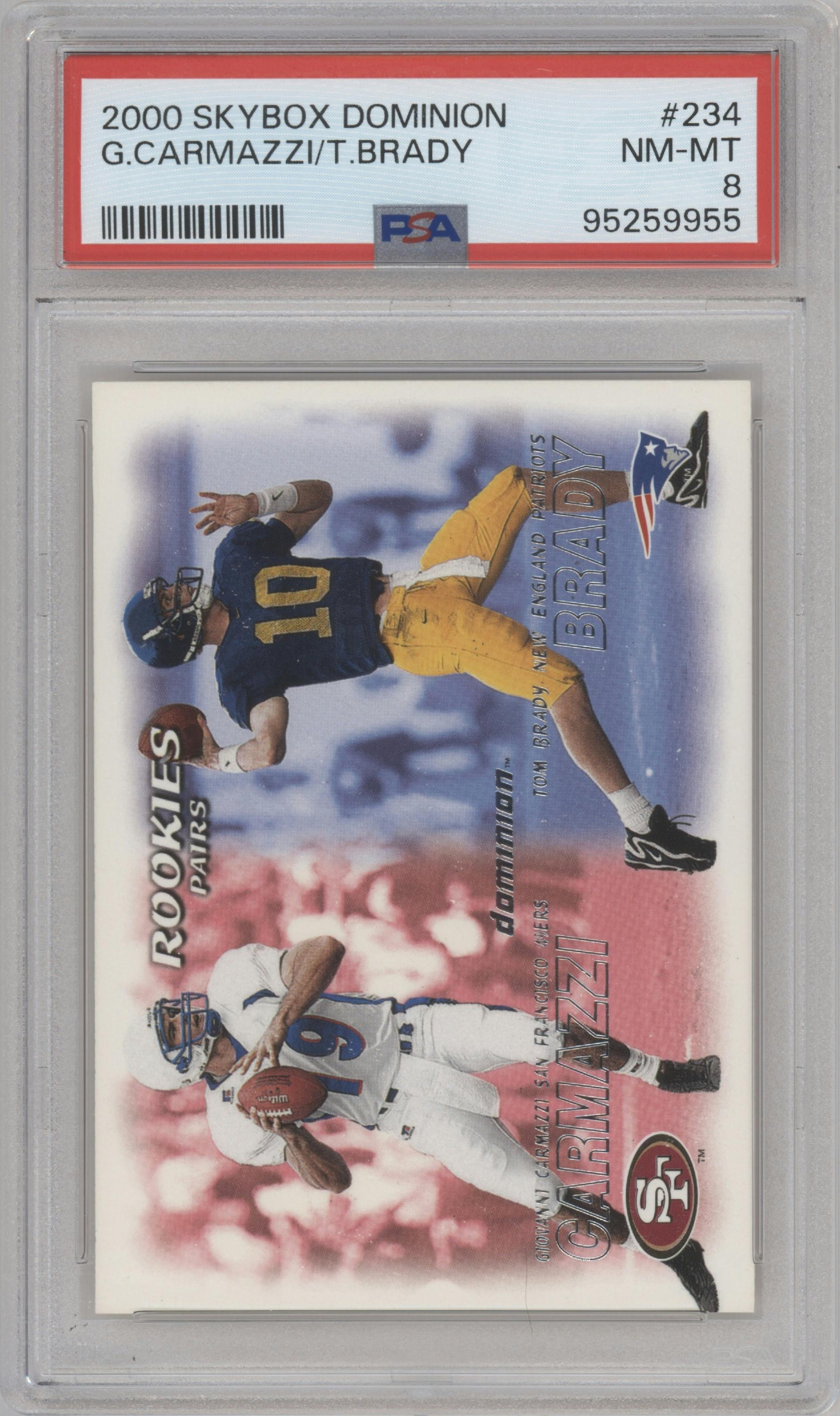 Giovanni Carmazzi/Tom Brady from the 2000 Skybox Dominion set graded by PSA and given an overall grade of 8.