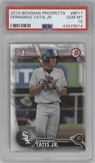Fernando Tatis Jr. from the 2016 Bowman set graded by PSA and given an overall grade of 10.