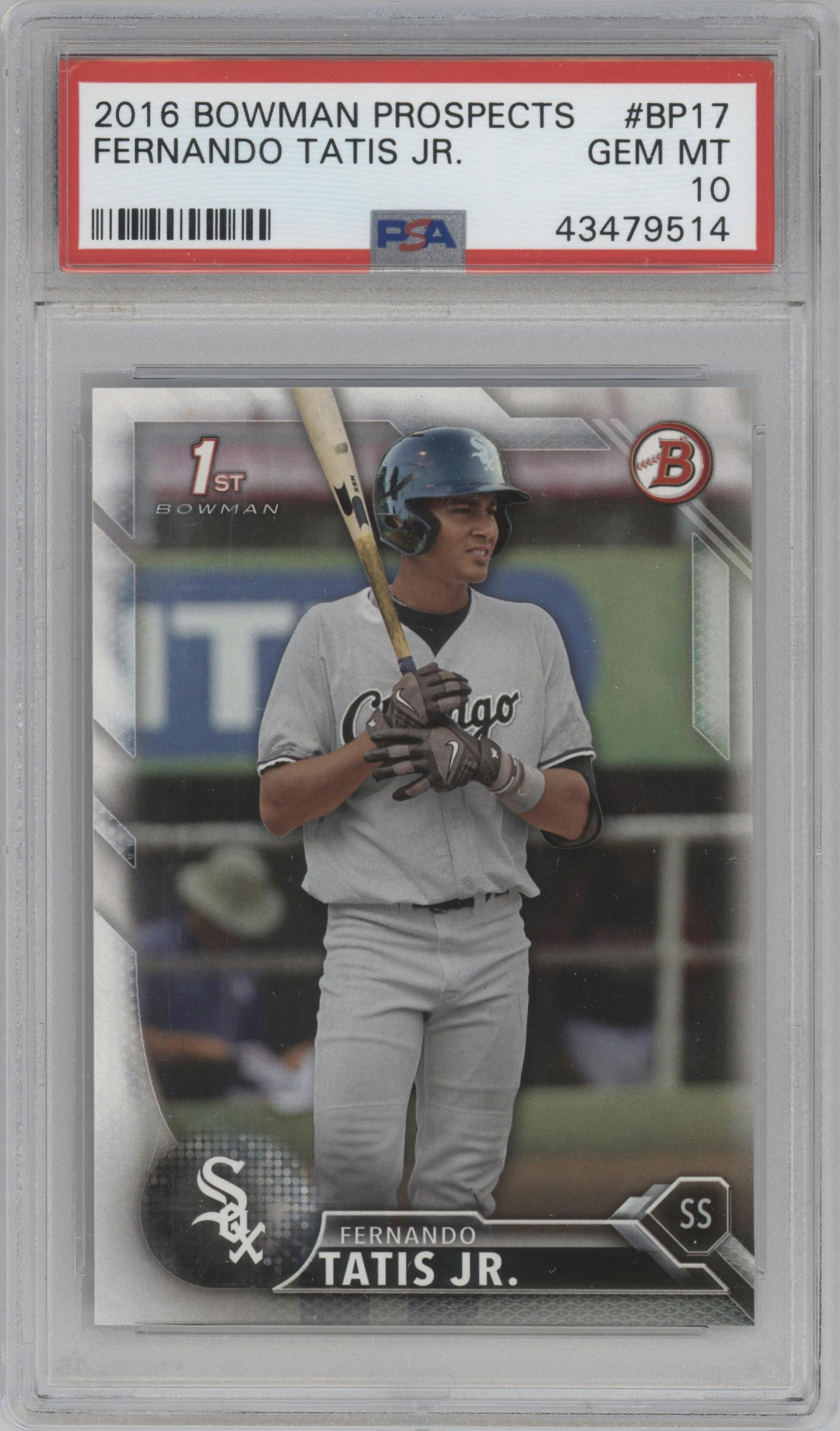 Fernando Tatis Jr. from the 2016 Bowman set graded by PSA and given an overall grade of 10.