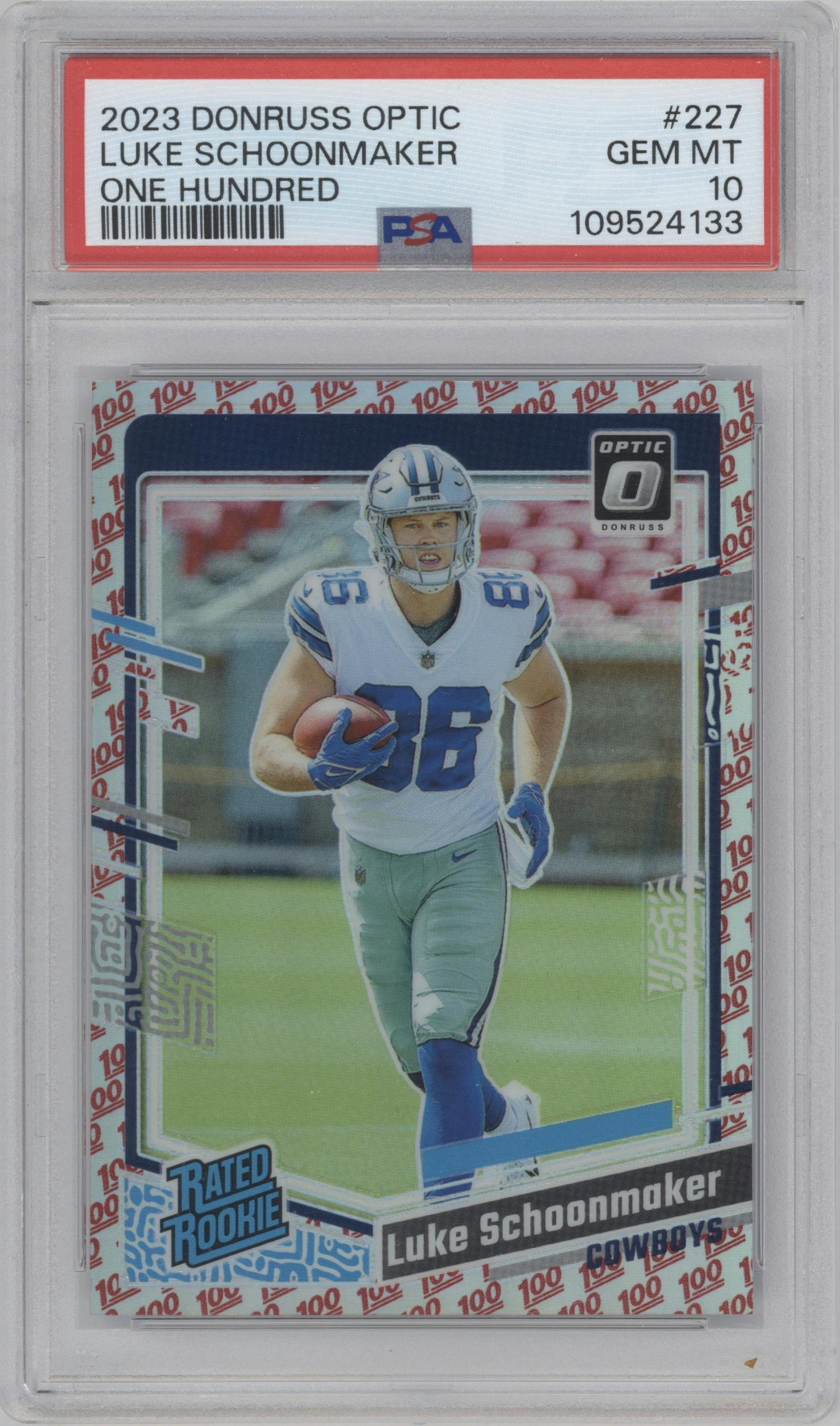Luke Schoonmaker from the 2023 Donruss Optic set featuring a One Hundred parallel graded by PSA and given an overall grade of 10.