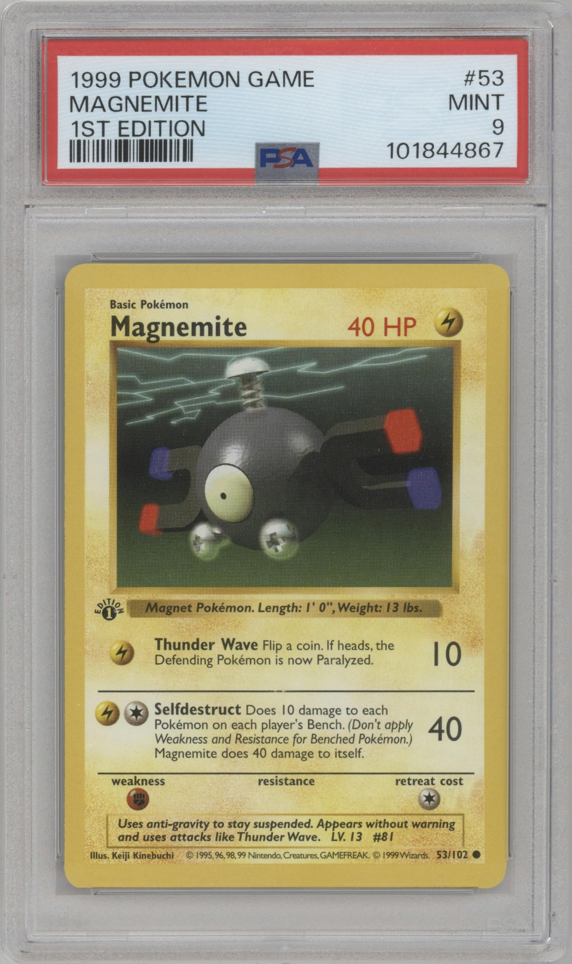 Magnemite from the 1999 Pokemon set graded by PSA and given an overall grade of 9.