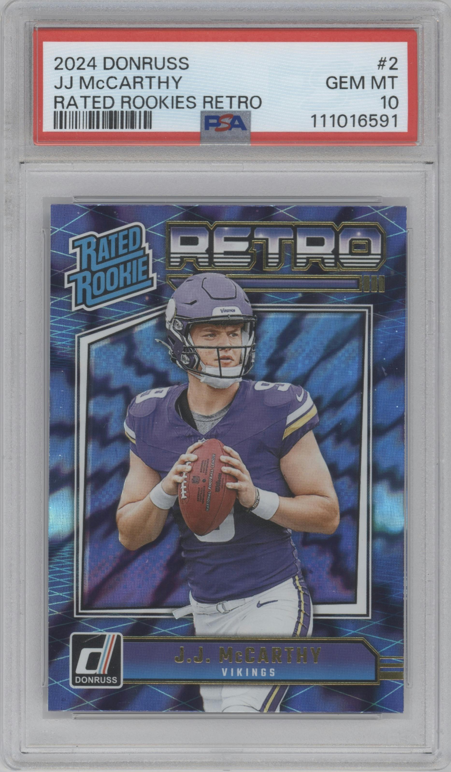 J.J. McCarthy from the 2024 Donruss set graded by PSA and given an overall grade of 10.