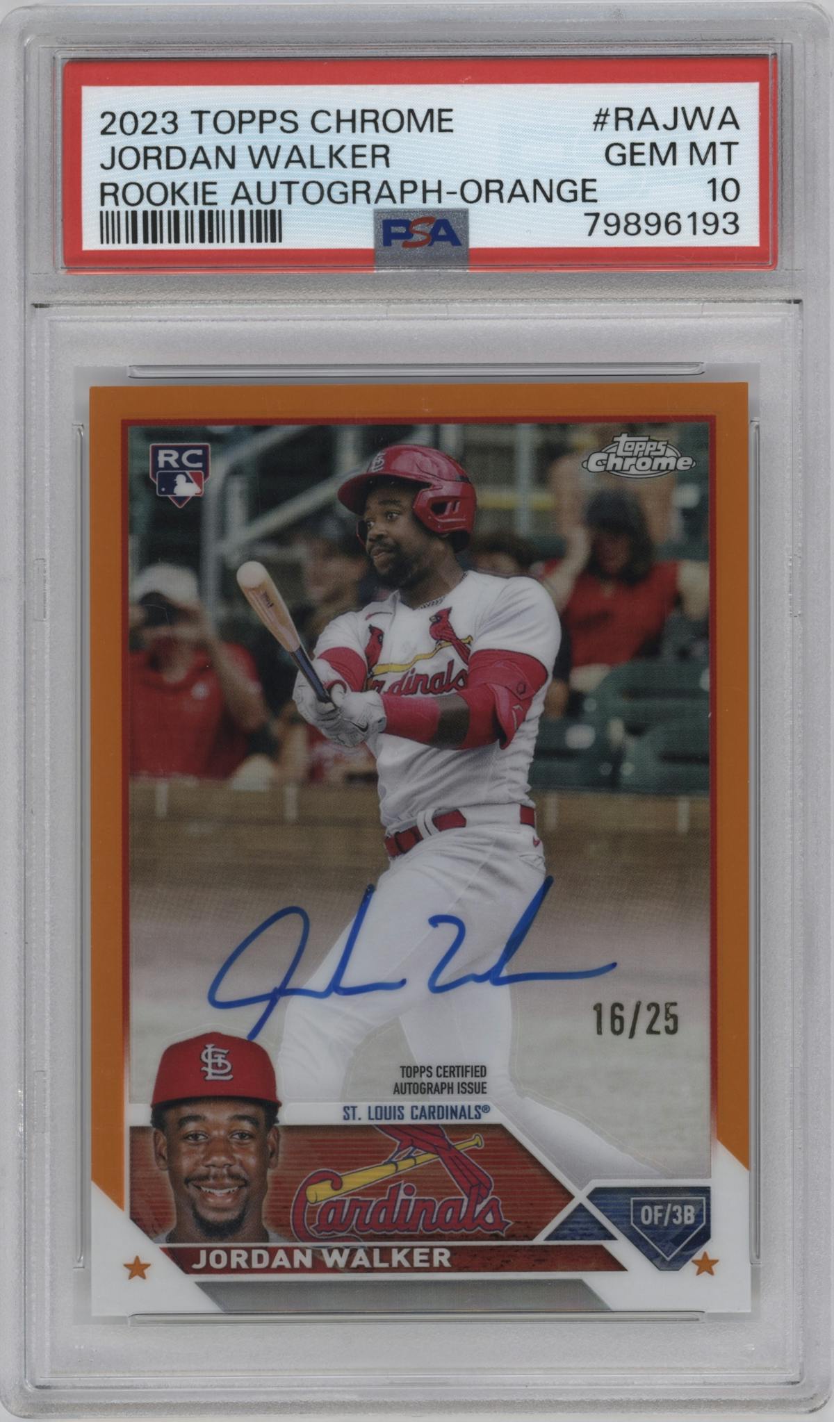 Jordan Walker from the 2023 Topps Chrome set featuring a Orange Refractor parallel graded by PSA and given an overall grade of 10.