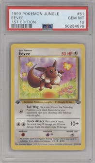 Eevee from the 1999 Pokemon set graded by PSA and given an overall grade of 10.
