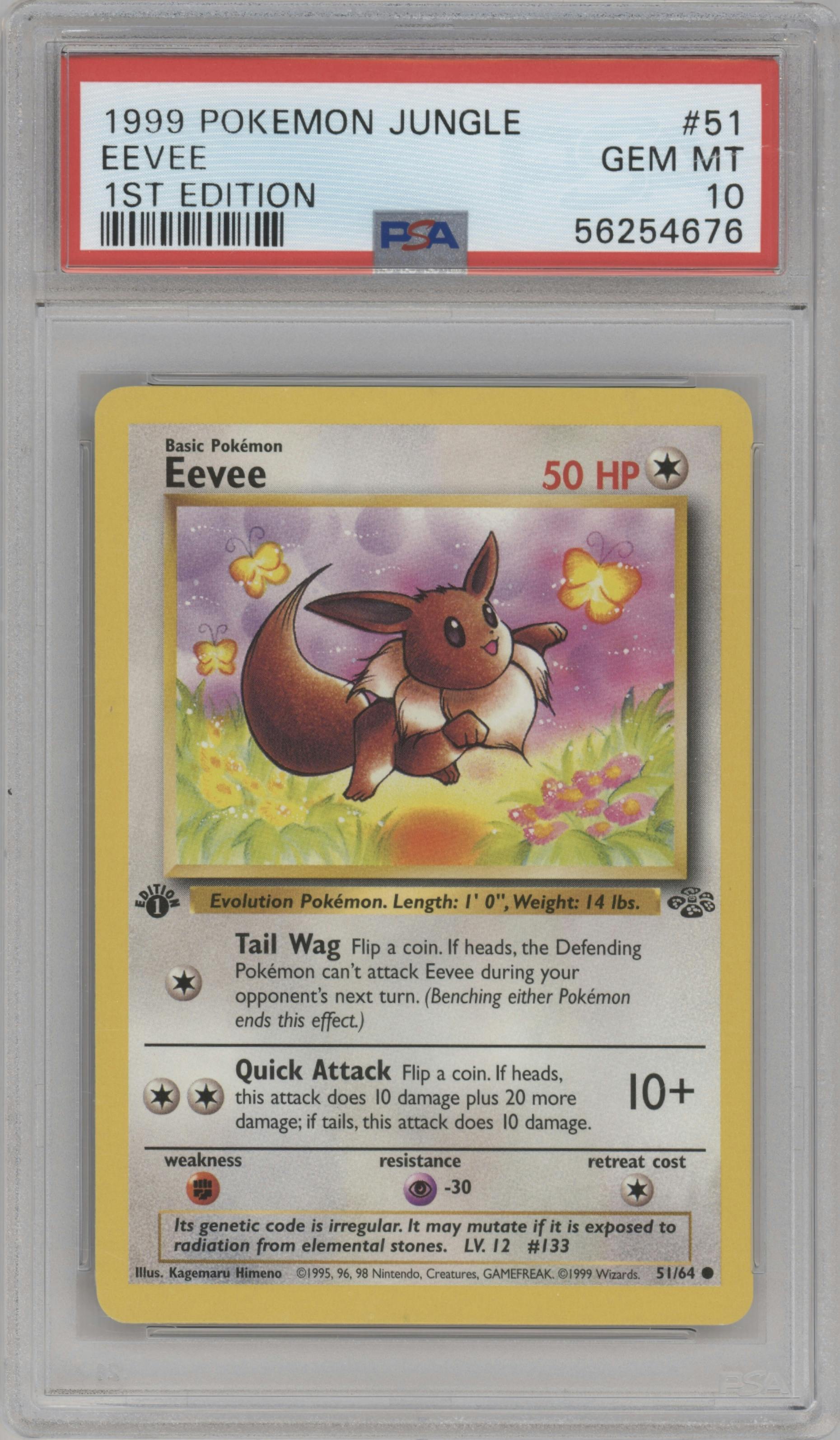 Eevee from the 1999 Pokemon set graded by PSA and given an overall grade of 10.