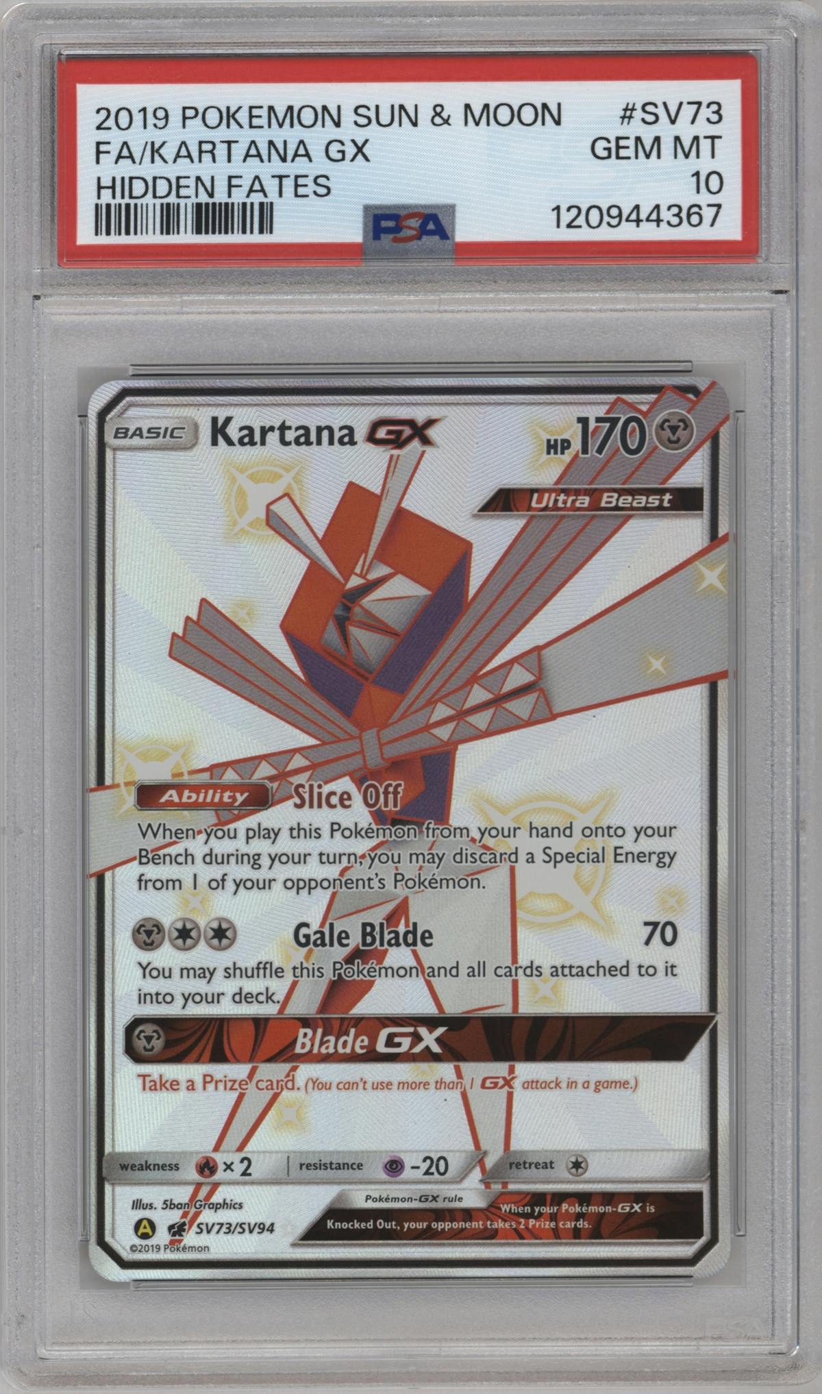 Kartana GX from the 2019 Pokemon S&M  set graded by PSA and given an overall grade of 10.
