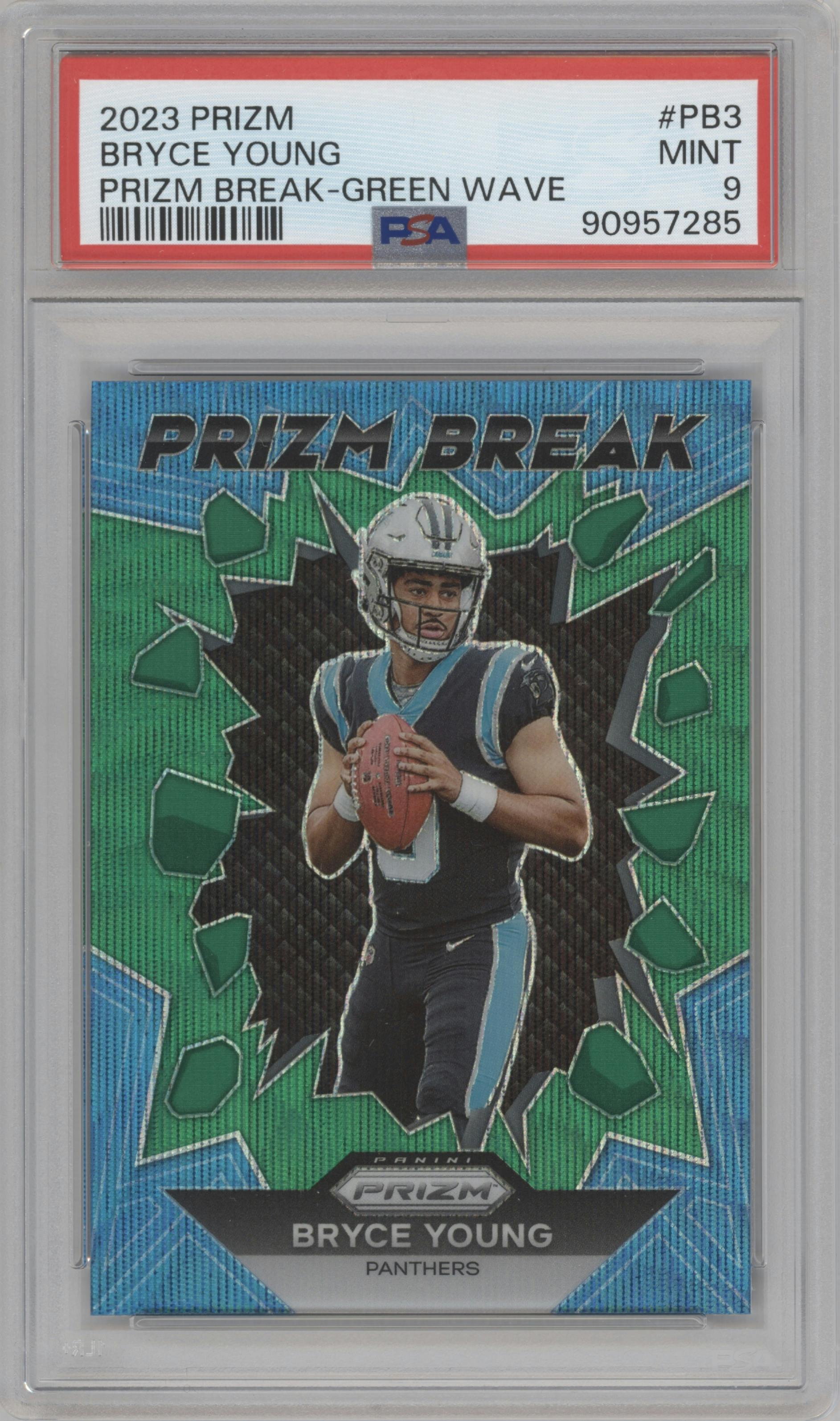 Bryce Young from the 2023 Panini Prizm set featuring a Green Wave parallel graded by PSA and given an overall grade of 9.