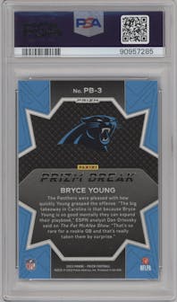 Bryce Young from the 2023 Panini Prizm set featuring a Green Wave parallel graded by PSA and given an overall grade of 9.