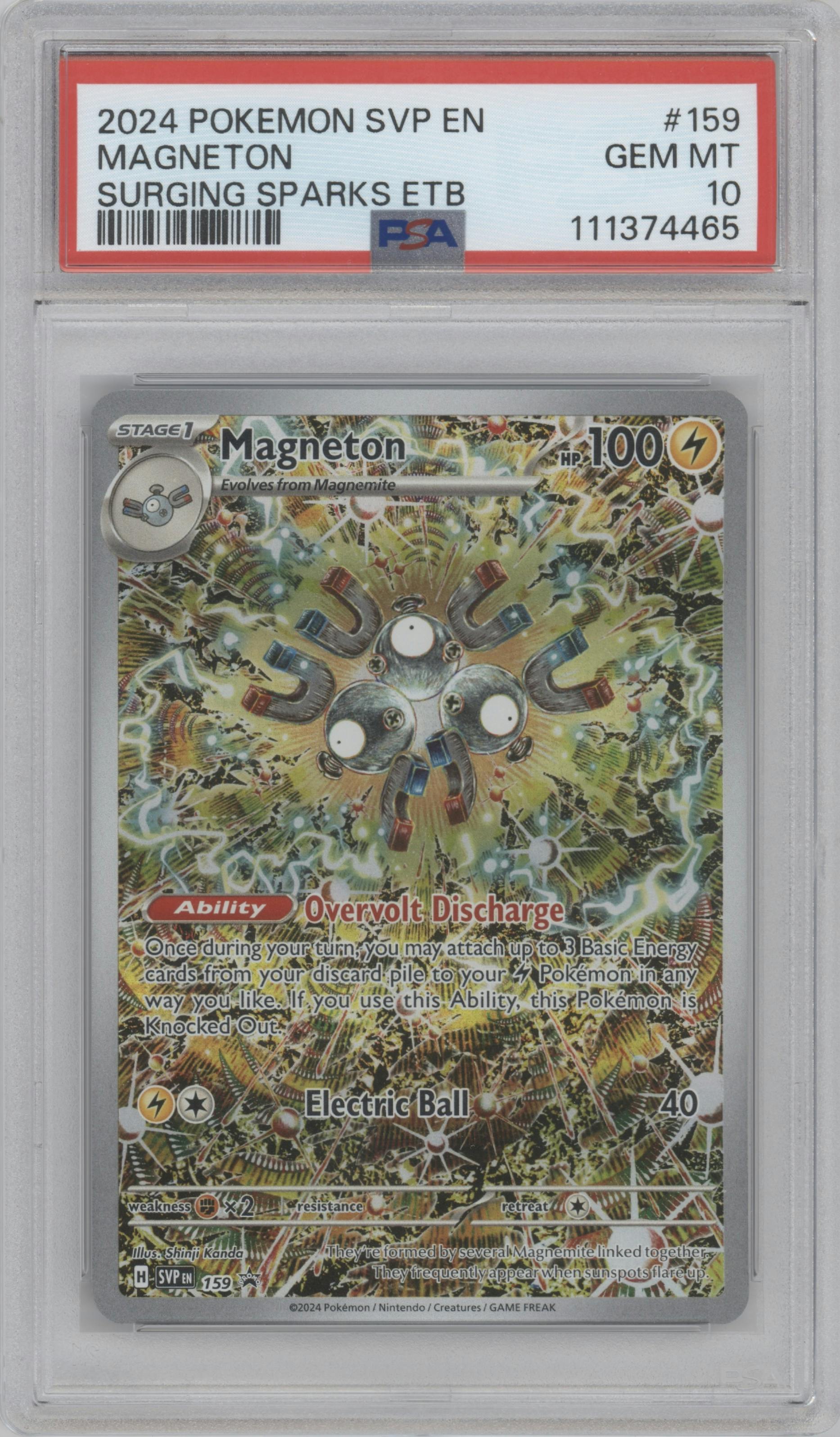 Magneton from the 2024 Pokemon SV set featuring a Surging Sparks Elite Trainer Box parallel graded by PSA and given an overall grade of 10.