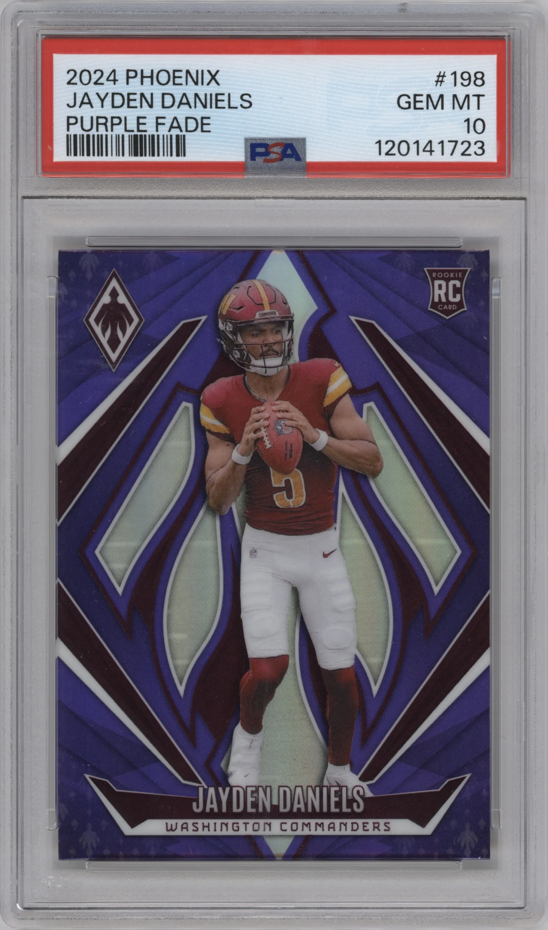 Jayden Daniels from the 2024 Panini Phoenix set featuring a Purple parallel graded by PSA and given an overall grade of 10.