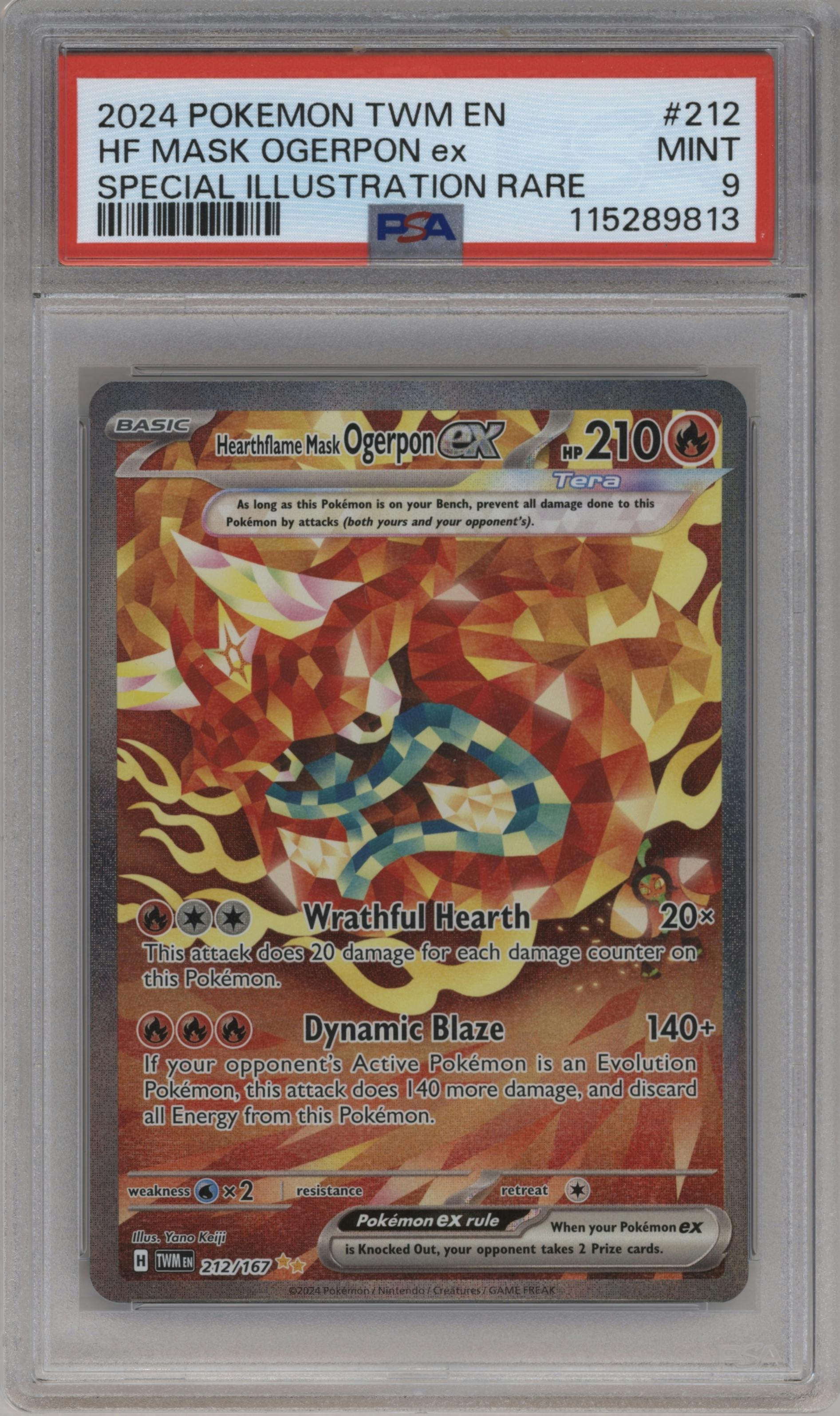 Hearthflame Mask Ogerpon ex from the 2024 Pokemon SV set graded by PSA and given an overall grade of 9.