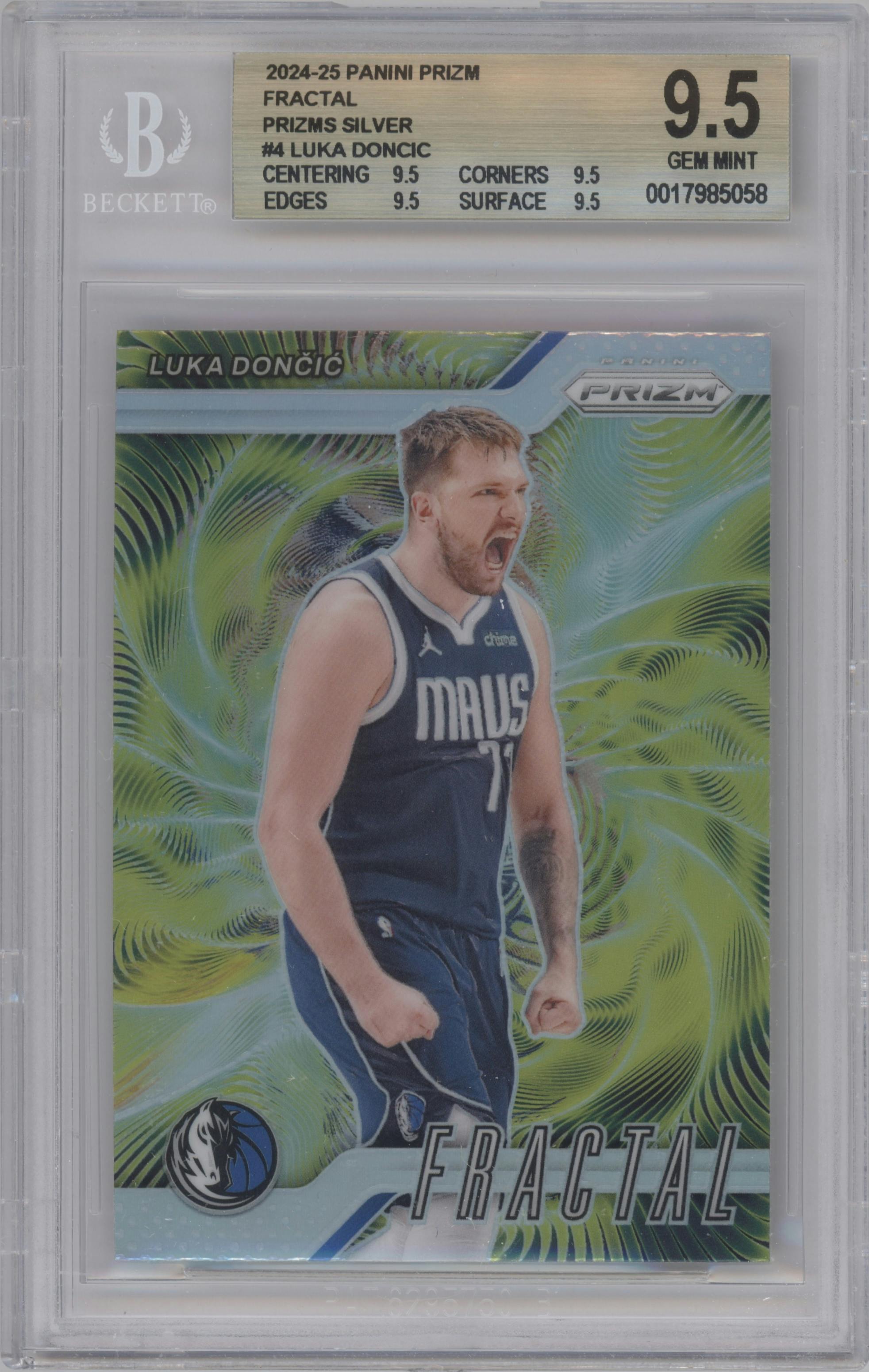 Luka Doncic from the 2024-25 Panini Prizm set featuring a Silver parallel graded by Beckett and given an overall grade of 9.5.