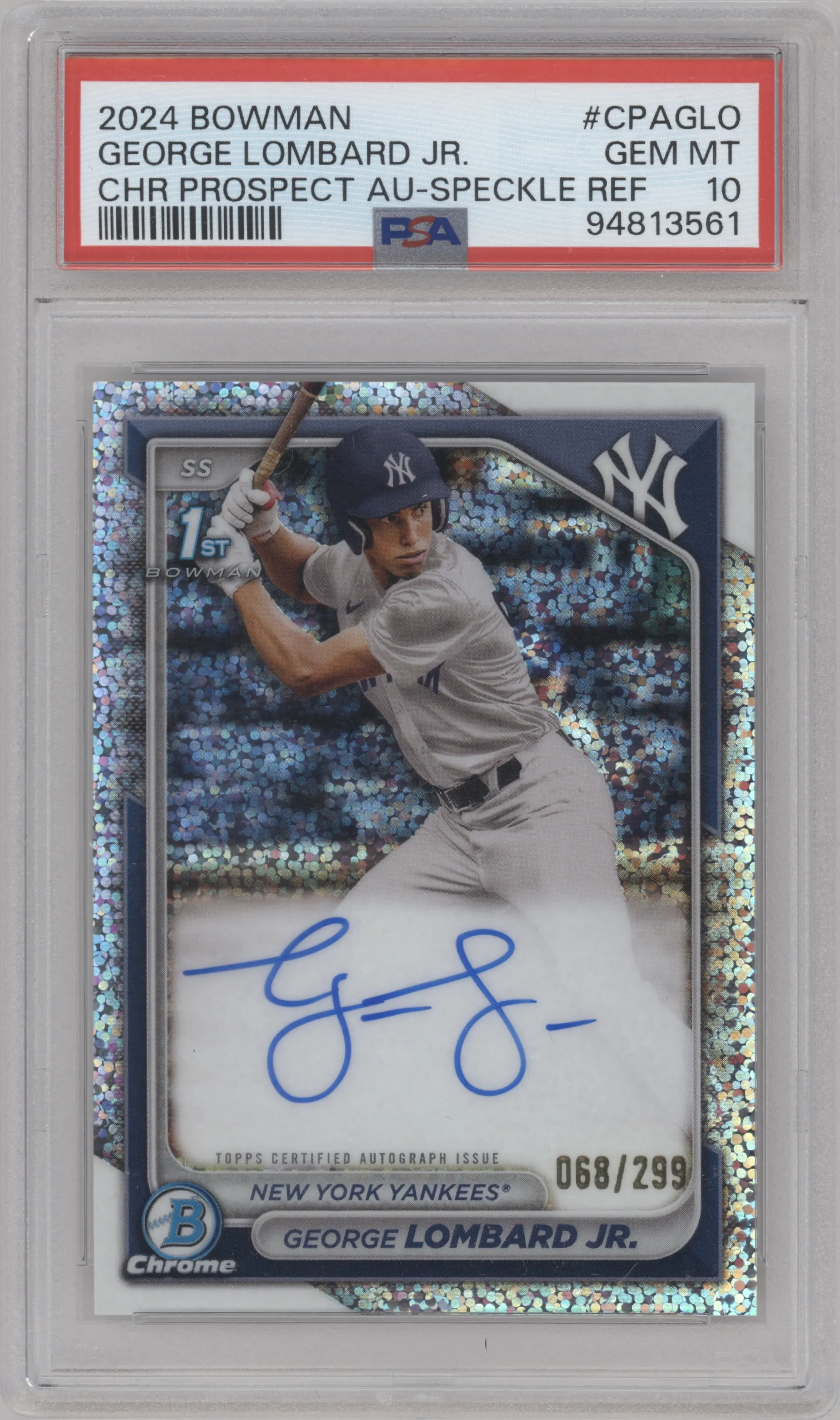 2024 Bowman Chr.Pros.Auto George Lombard Jr. Speckle Refractor #CPA-GLO PSA 10