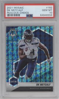 DK Metcalf from the 2021 Panini Mosaic set featuring a Choice Peacock parallel graded by PSA and given an overall grade of 10.