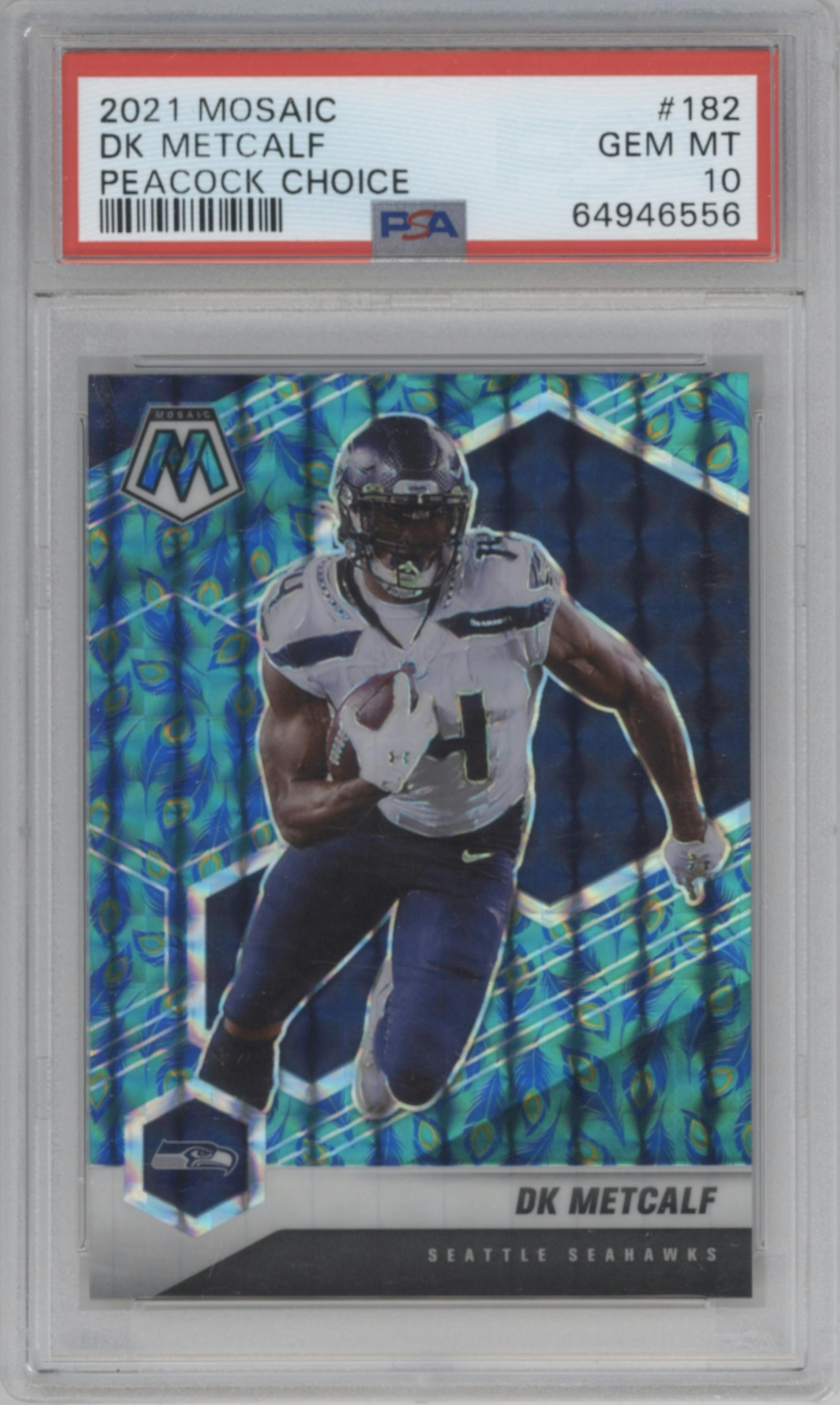 DK Metcalf from the 2021 Panini Mosaic set featuring a Choice Peacock parallel graded by PSA and given an overall grade of 10.