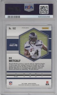 DK Metcalf from the 2021 Panini Mosaic set featuring a Choice Peacock parallel graded by PSA and given an overall grade of 10.