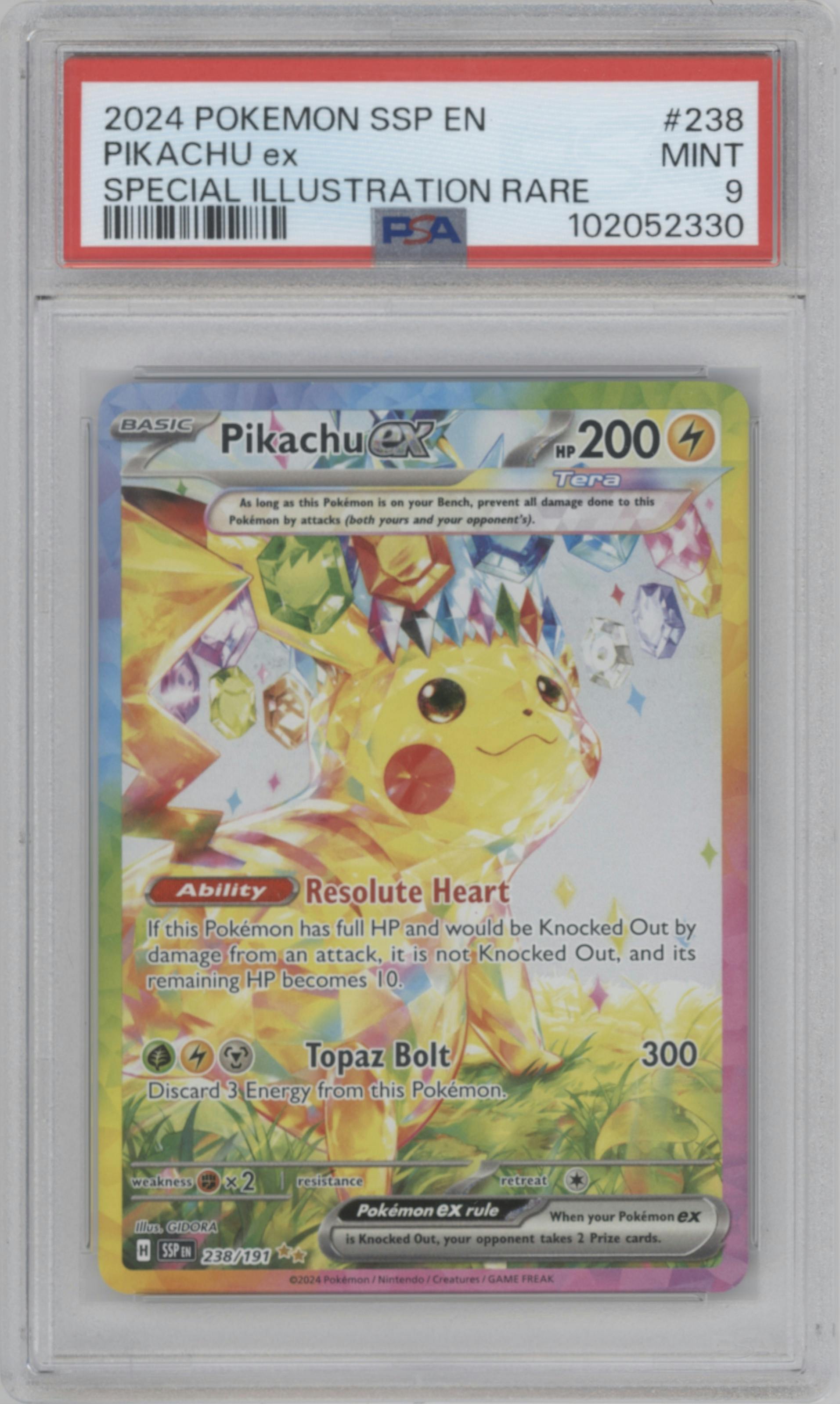 Pikachu ex from the 2024 Pokemon SV set graded by PSA and given an overall grade of 9.