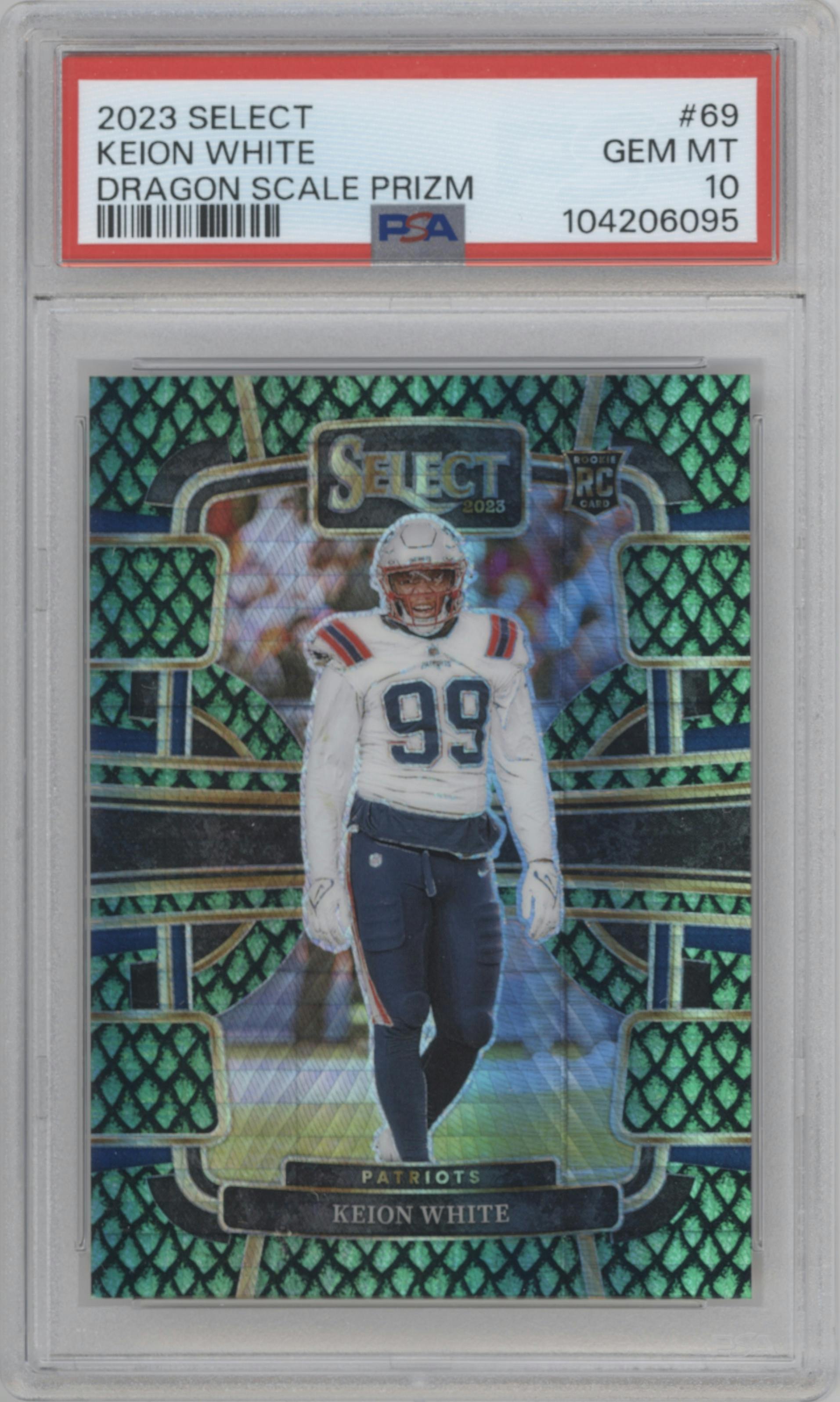 Keion White from the 2023 Panini Select set featuring a Dragon Scale parallel graded by PSA and given an overall grade of 10.