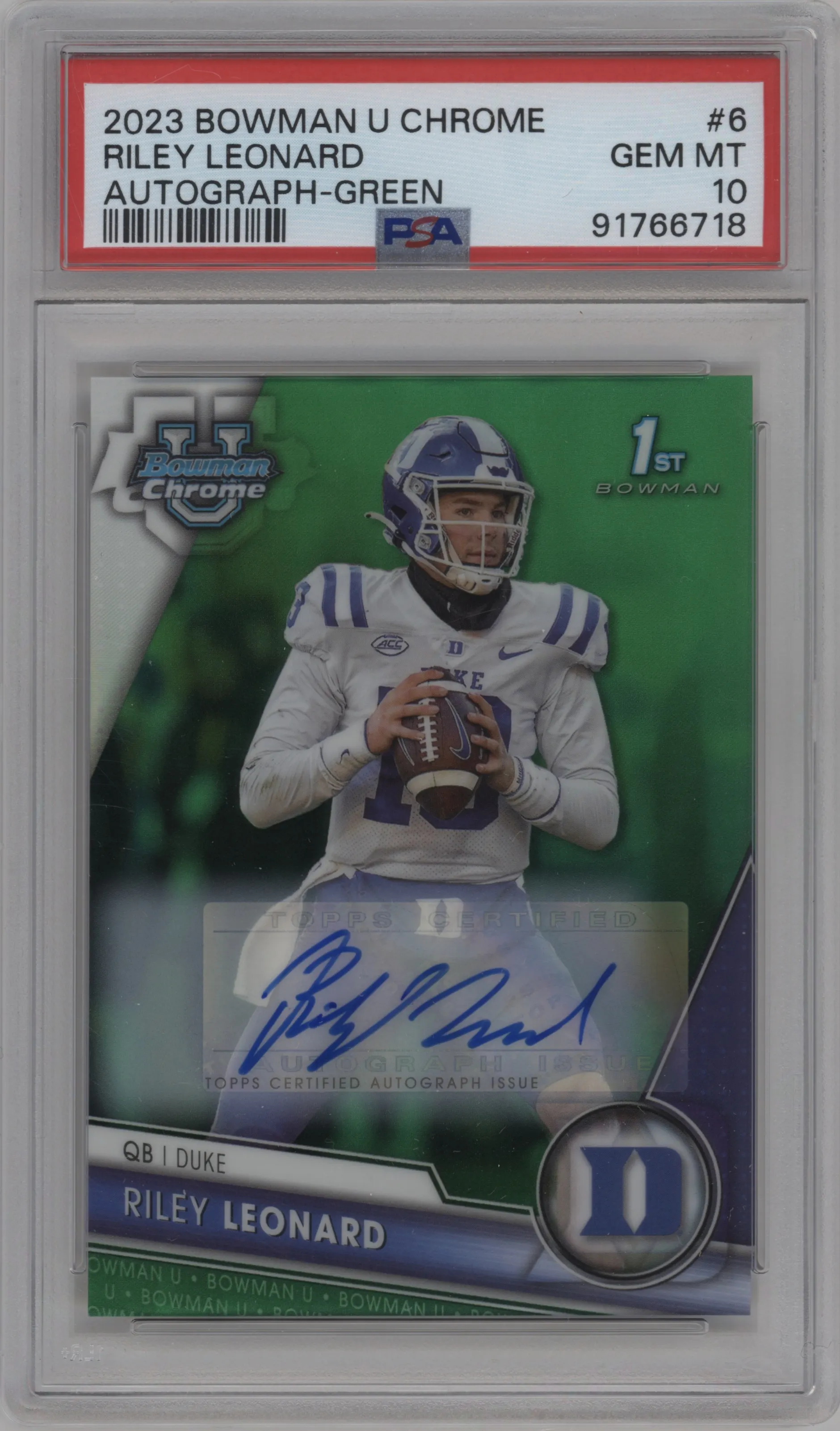 2023 Bowman Chrome University Chr.Pros.Auto Riley Leonard Green Refractor #6 PSA 10