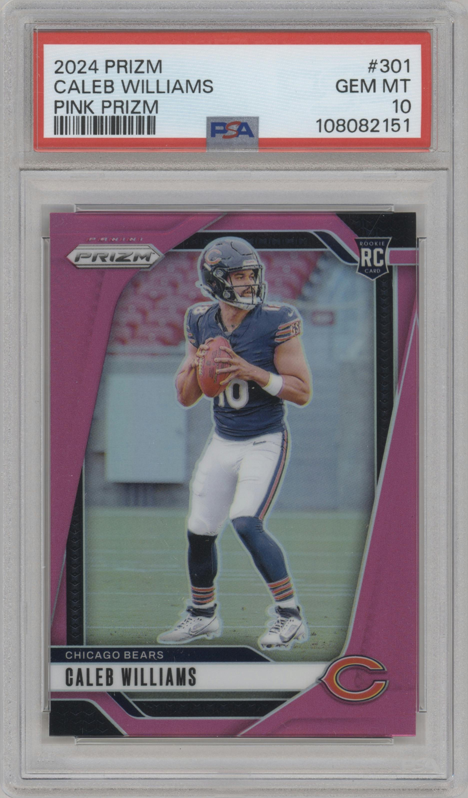 Caleb Williams from the 2024 Panini Prizm set featuring a Pink Prizm parallel graded by PSA and given an overall grade of 10.