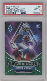 Jameson Williams from the 2022 Panini Phoenix set featuring a Green parallel graded by PSA and given an overall grade of 10.