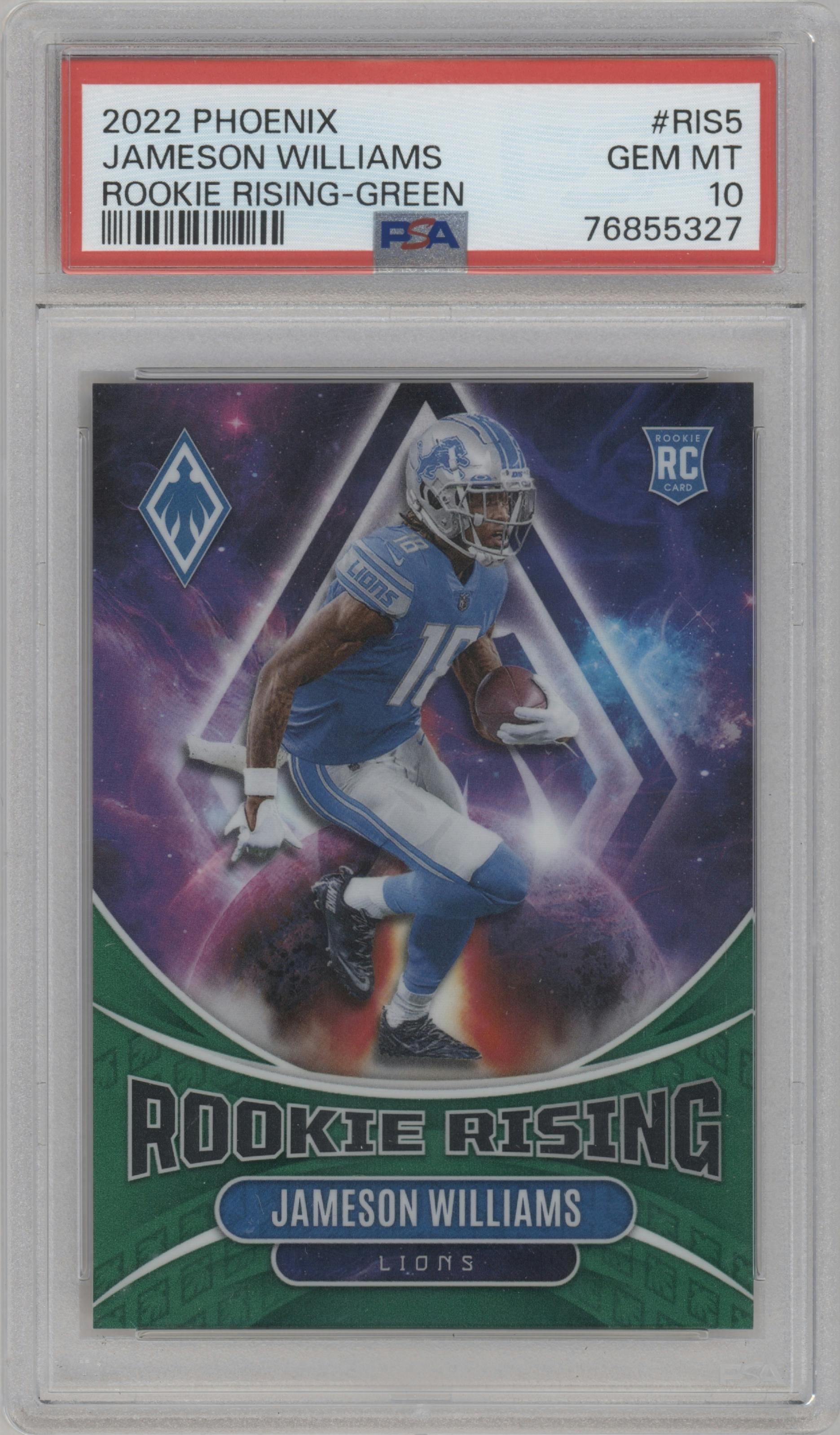 Jameson Williams from the 2022 Panini Phoenix set featuring a Green parallel graded by PSA and given an overall grade of 10.