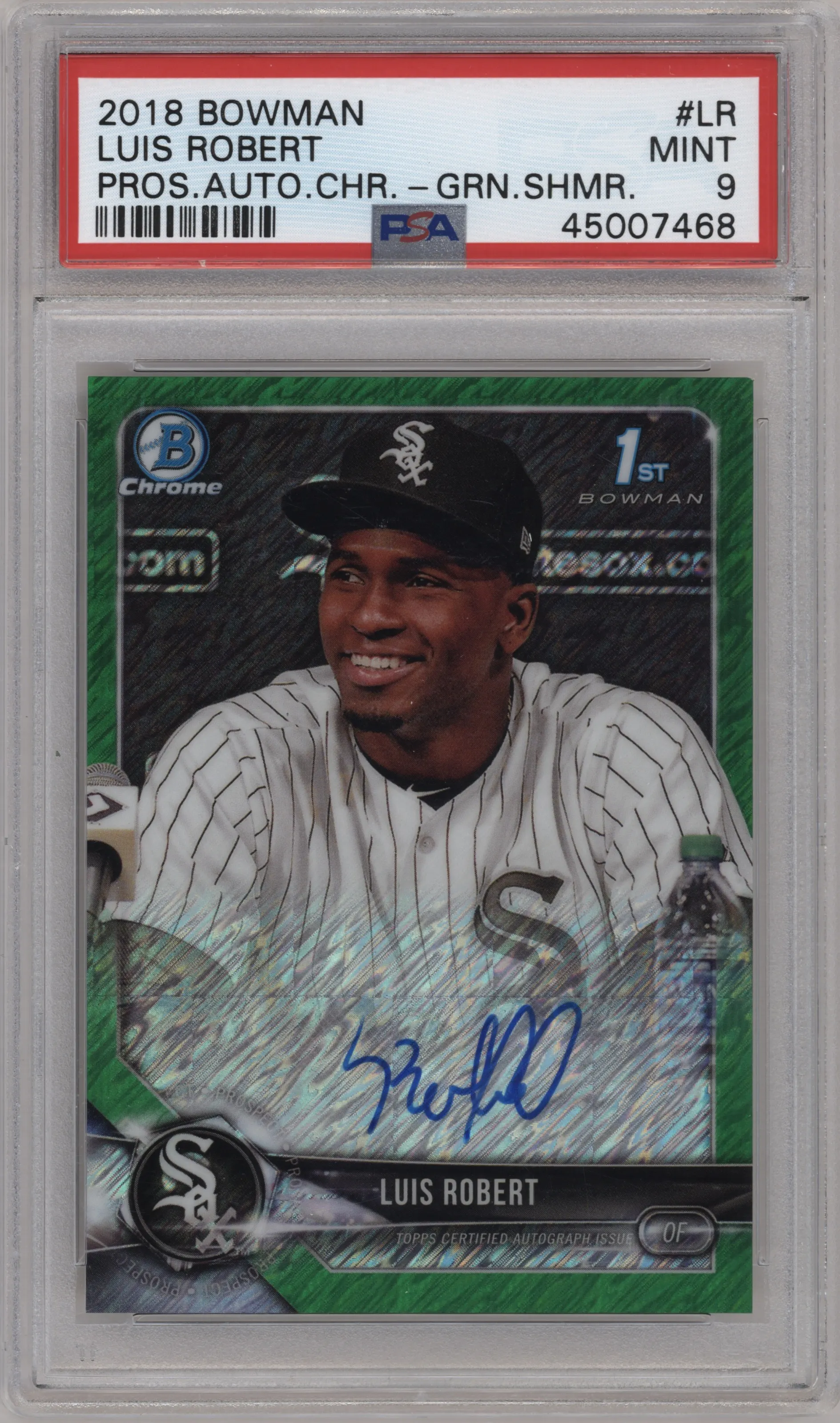 Luis Robert from the 2018 Bowman set featuring a Green Shimmer Refractor  parallel graded by PSA and given an overall grade of 9.