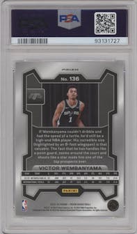 Victor Wembanyama from the 2023-24 Panini Prizm set featuring a Silver Prizm  parallel graded by PSA and given an overall grade of 9.
