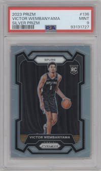 Victor Wembanyama from the 2023-24 Panini Prizm set featuring a Silver Prizm  parallel graded by PSA and given an overall grade of 9.