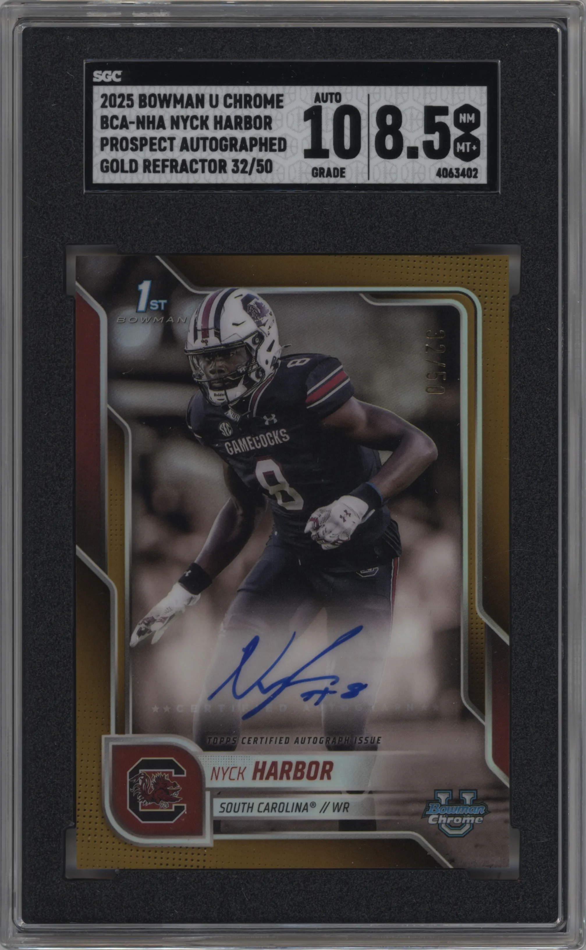 2025 Bowman University Chrome Chr.Pros.Auto Nyck Harbor Gold Refractor #BCA-NHA  SGC 8.5