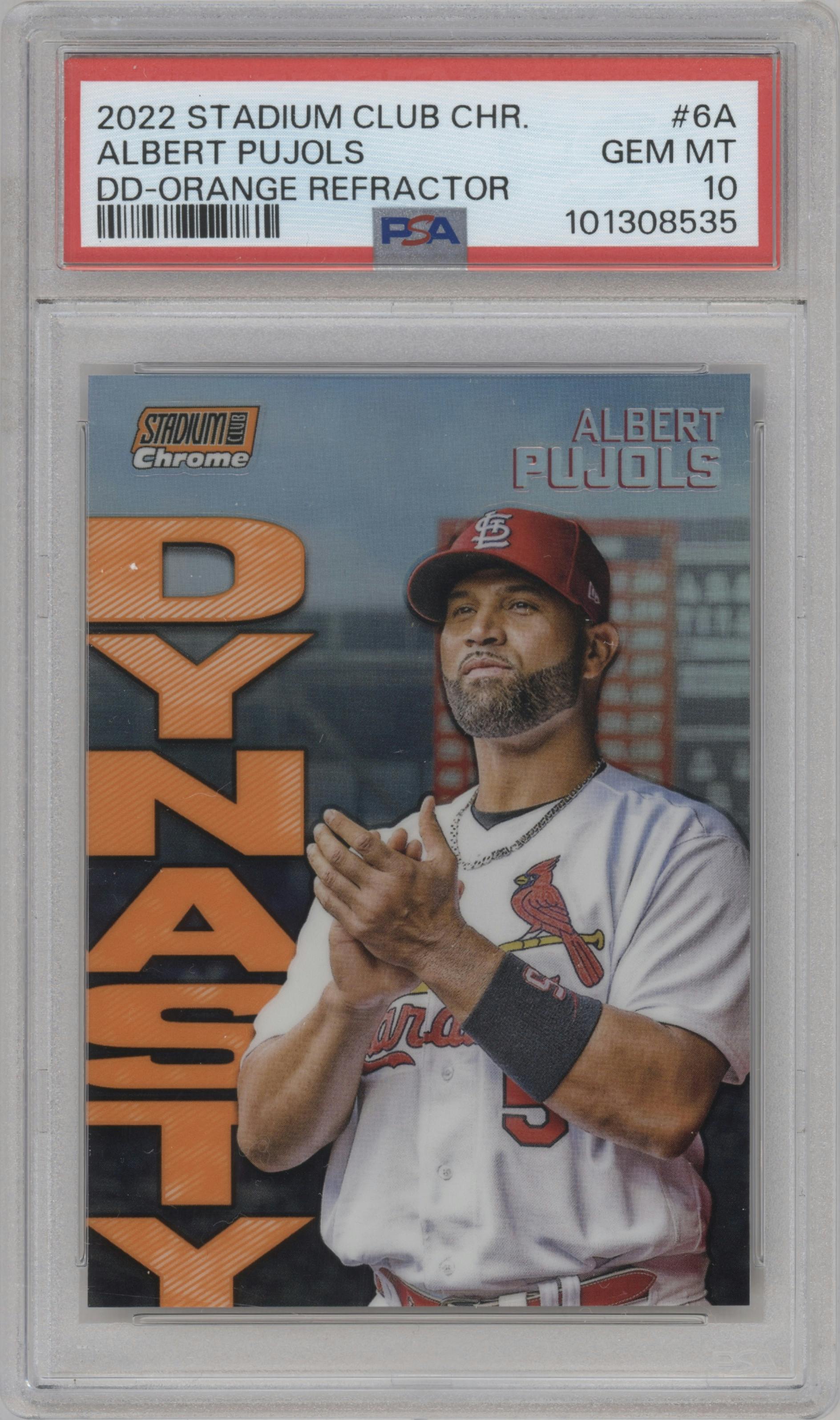 Albert Pujols  from the 2022 Stadium Club Chrome set featuring a Orange Refractor parallel graded by PSA and given an overall grade of 10.