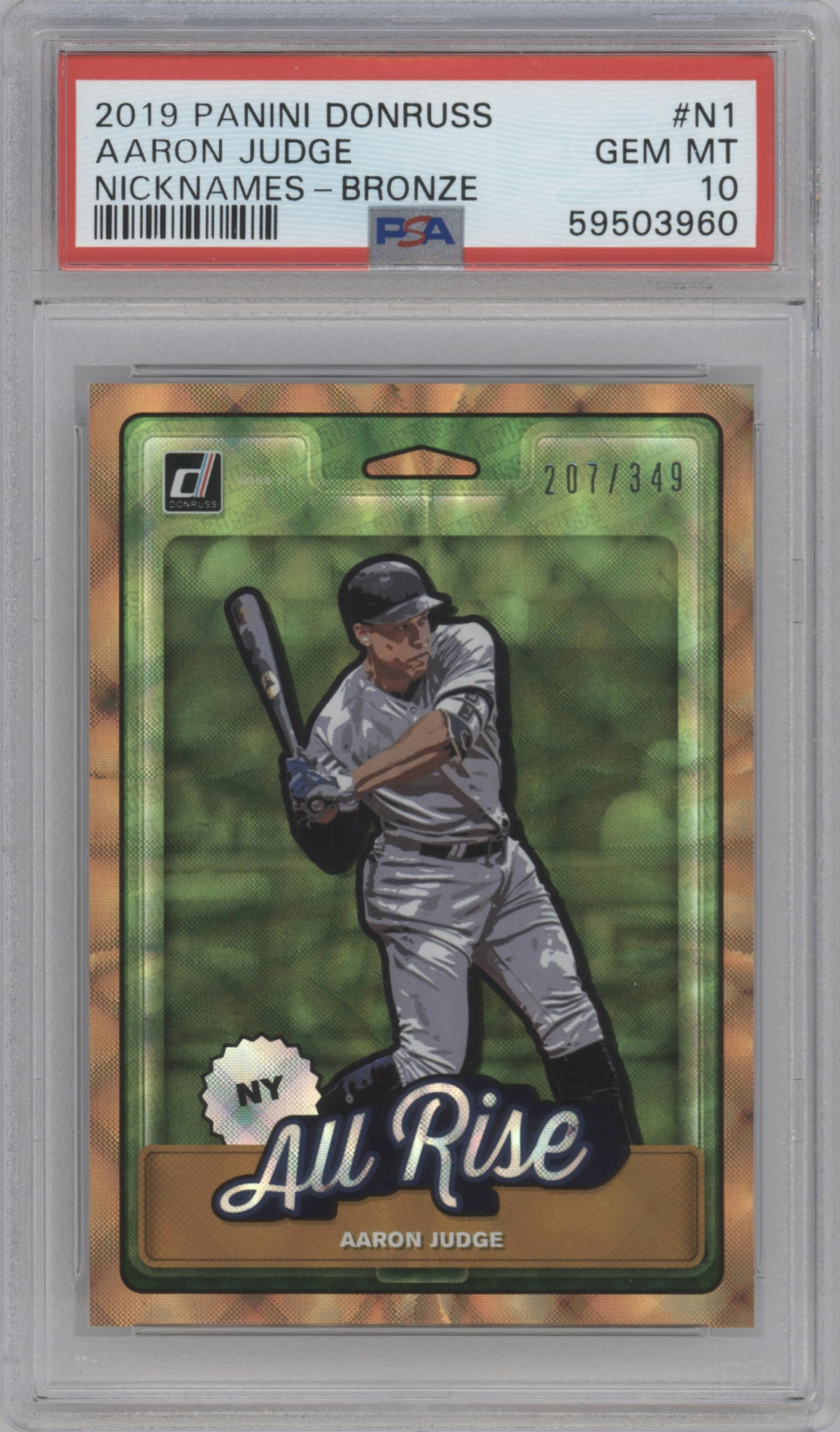 Aaron Judge from the 2019 Donruss set featuring a Bronze parallel graded by PSA and given an overall grade of 10.