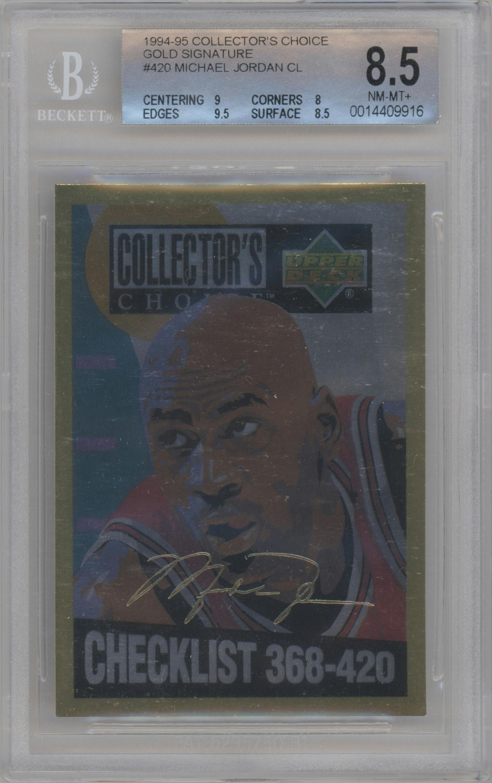 Michael Jordan  from the 1994-95 Upper Deck Collector's Choice set featuring a Gold Signature parallel graded by Beckett and given an overall grade of 8.5.
