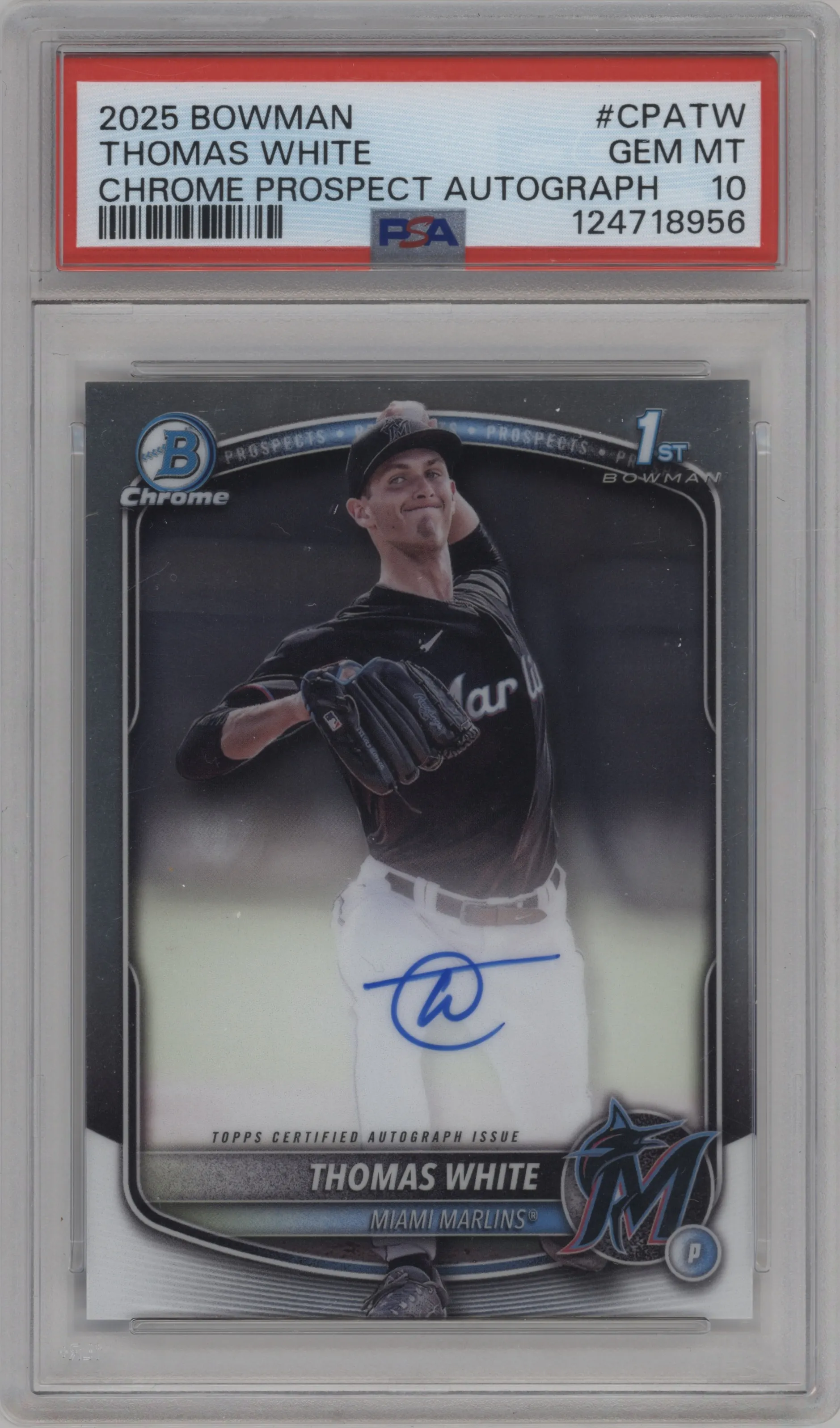 Thomas White from the 2025 Bowman set graded by PSA and given an overall grade of 10.