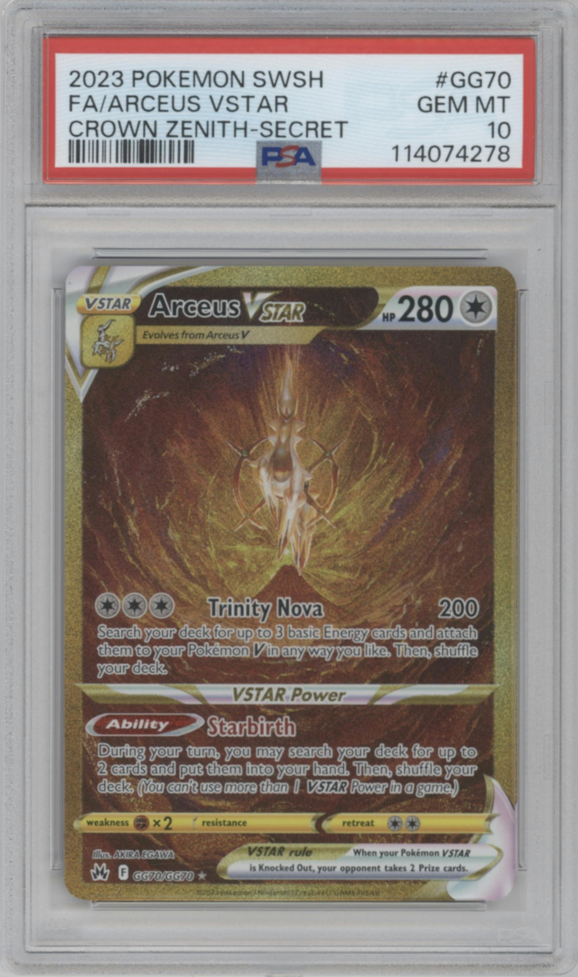 Arceus VSTAR from the 2023 Pokemon SWSH set graded by PSA and given an overall grade of 10.