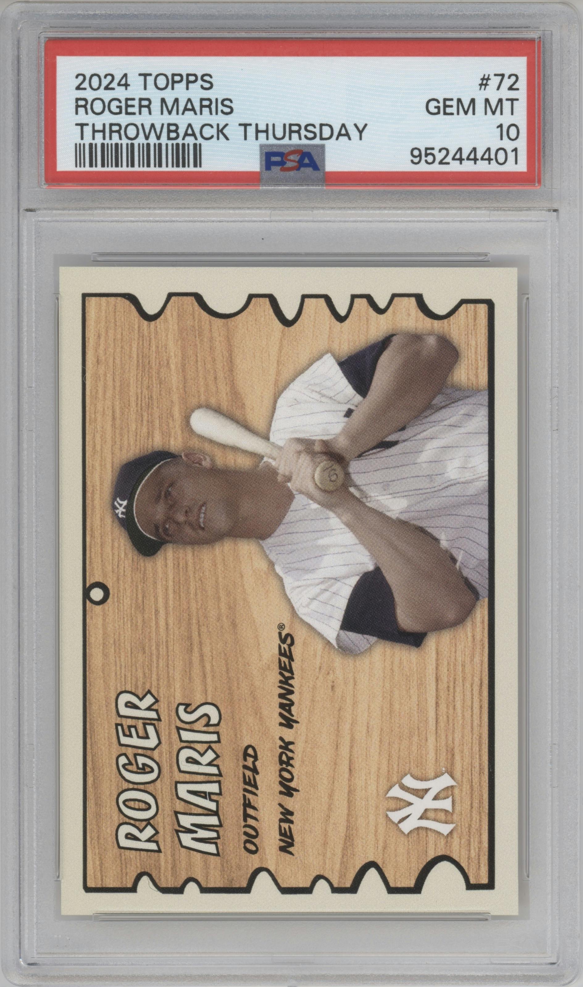 Roger Maris from the 2024 Topps Throwback Thursday set graded by PSA and given an overall grade of 10.