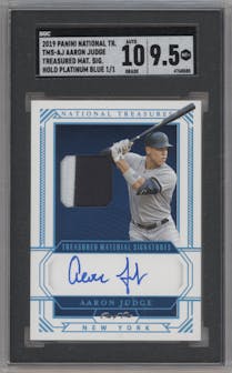 Aaron Judge from the 2019 Panini National Treasures set featuring a Holo Platinum Blue parallel graded by SGC and given an overall grade of 9.5.