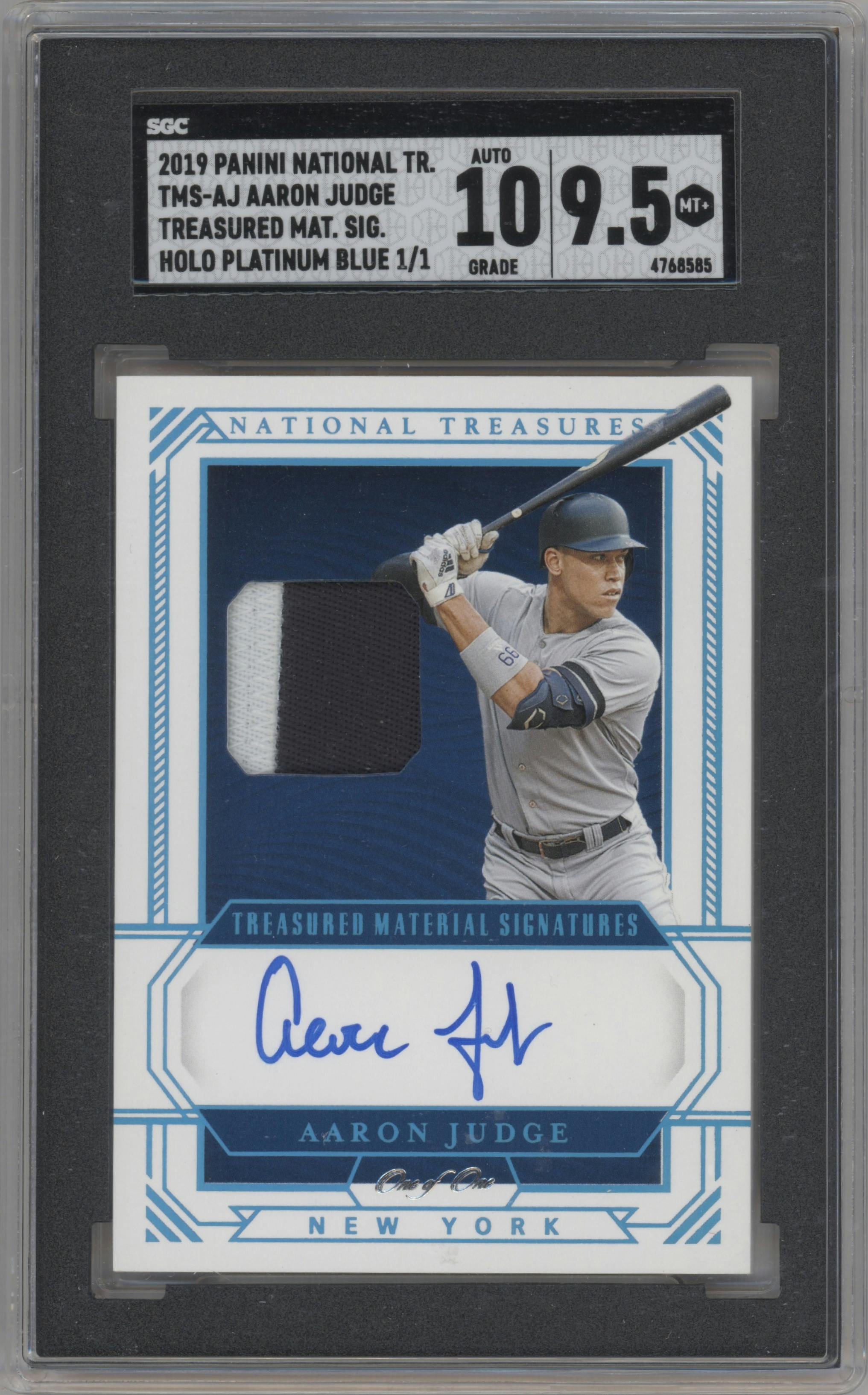 Aaron Judge from the 2019 Panini National Treasures set featuring a Holo Platinum Blue parallel graded by SGC and given an overall grade of 9.5.