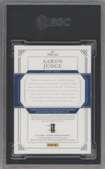 Aaron Judge from the 2019 Panini National Treasures set featuring a Holo Platinum Blue parallel graded by SGC and given an overall grade of 9.5.