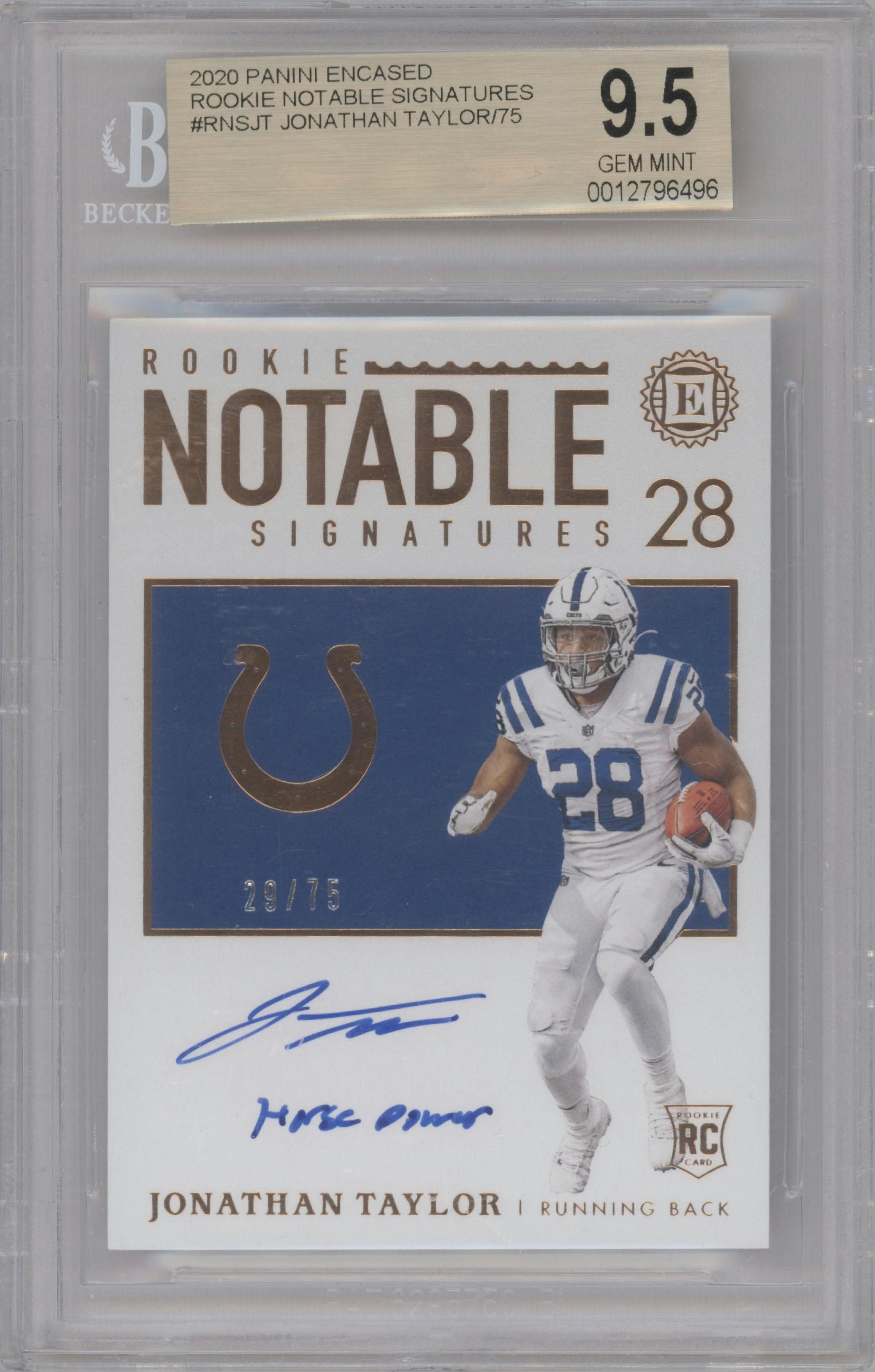 Jonathan Taylor from the 2020 Panini Encased set graded by Beckett and given an overall grade of 9.5.