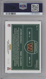 Jayden Daniels/Terry McLaurin from the 2024 Donruss Optic set featuring a Black Pandora parallel graded by PSA and given an overall grade of 9.