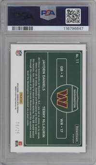 Jayden Daniels/Terry McLaurin from the 2024 Donruss Optic set featuring a Black Pandora parallel graded by PSA and given an overall grade of 9.