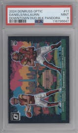 Jayden Daniels/Terry McLaurin from the 2024 Donruss Optic set featuring a Black Pandora parallel graded by PSA and given an overall grade of 9.