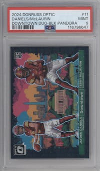 Jayden Daniels/Terry McLaurin from the 2024 Donruss Optic set featuring a Black Pandora parallel graded by PSA and given an overall grade of 9.