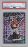 Patrick Mahomes II from the 2021 Panini Mosaic set featuring a Purple Mosaic  parallel graded by PSA and given an overall grade of 9.