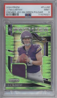 J.J. McCarthy from the 2024 Panini Prizm set featuring a Neon Green Pulsar parallel graded by PSA and given an overall grade of 9.