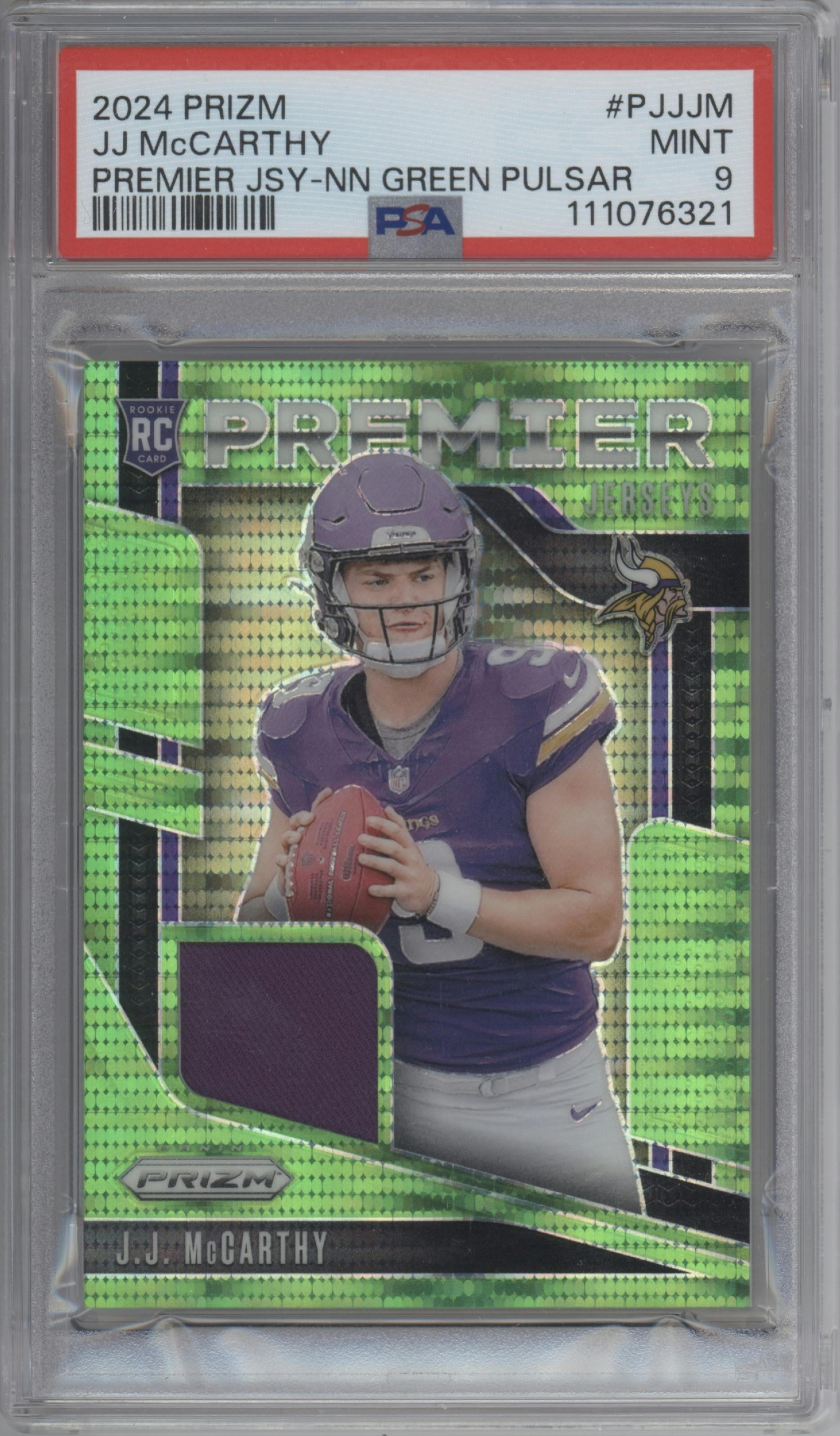 J.J. McCarthy from the 2024 Panini Prizm set featuring a Neon Green Pulsar parallel graded by PSA and given an overall grade of 9.